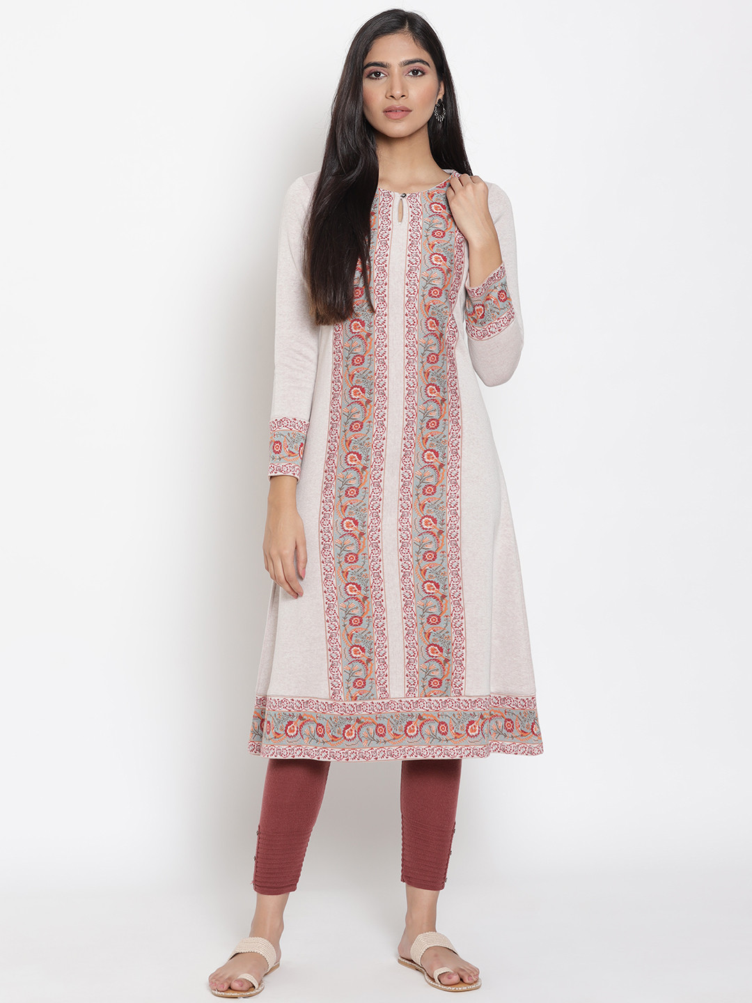 

W Women Off White Ethnic Motifs Keyhole Neck Kurta