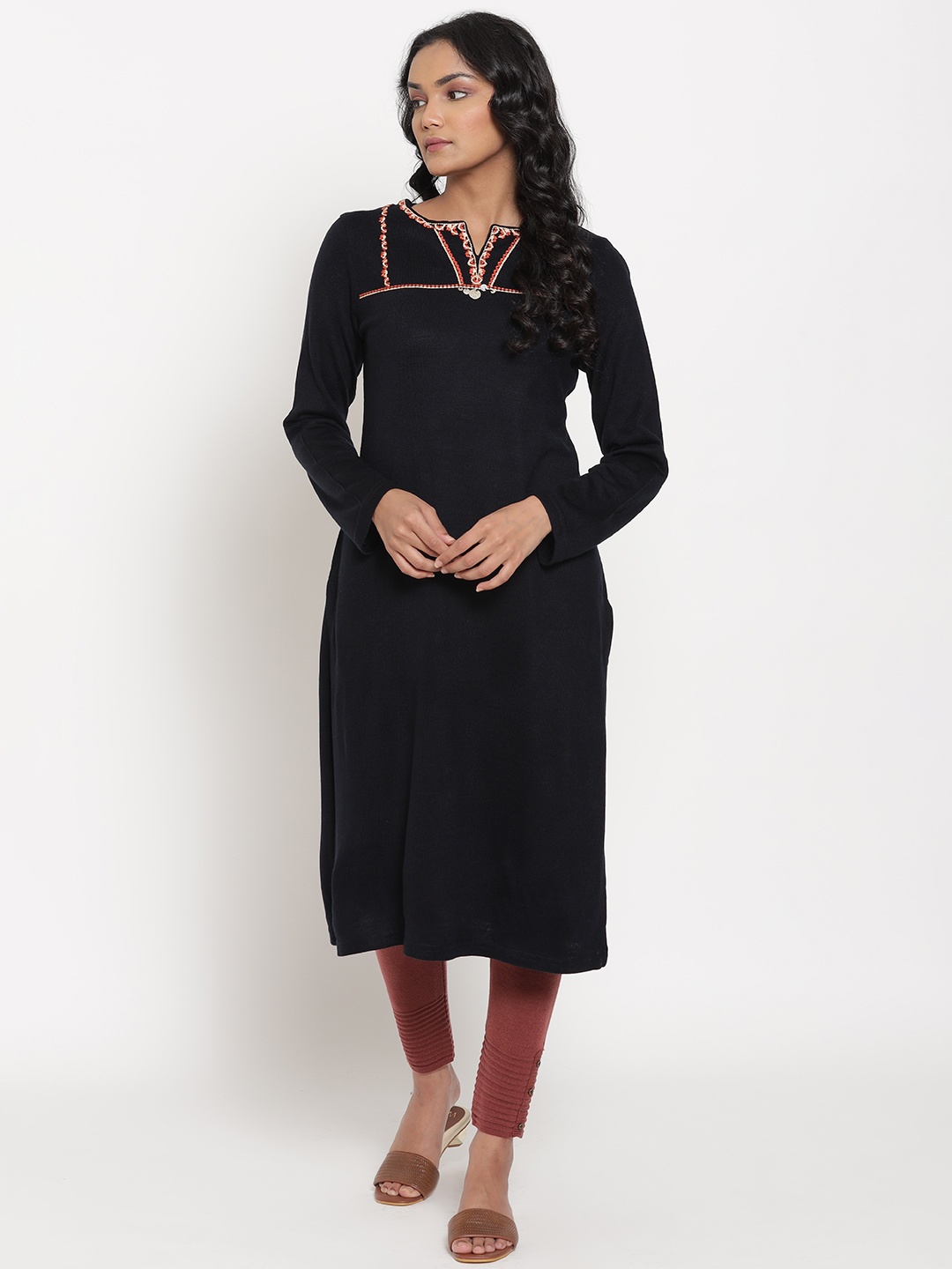 

W Women Black & Orange Yoke Design Thread Work Kurta
