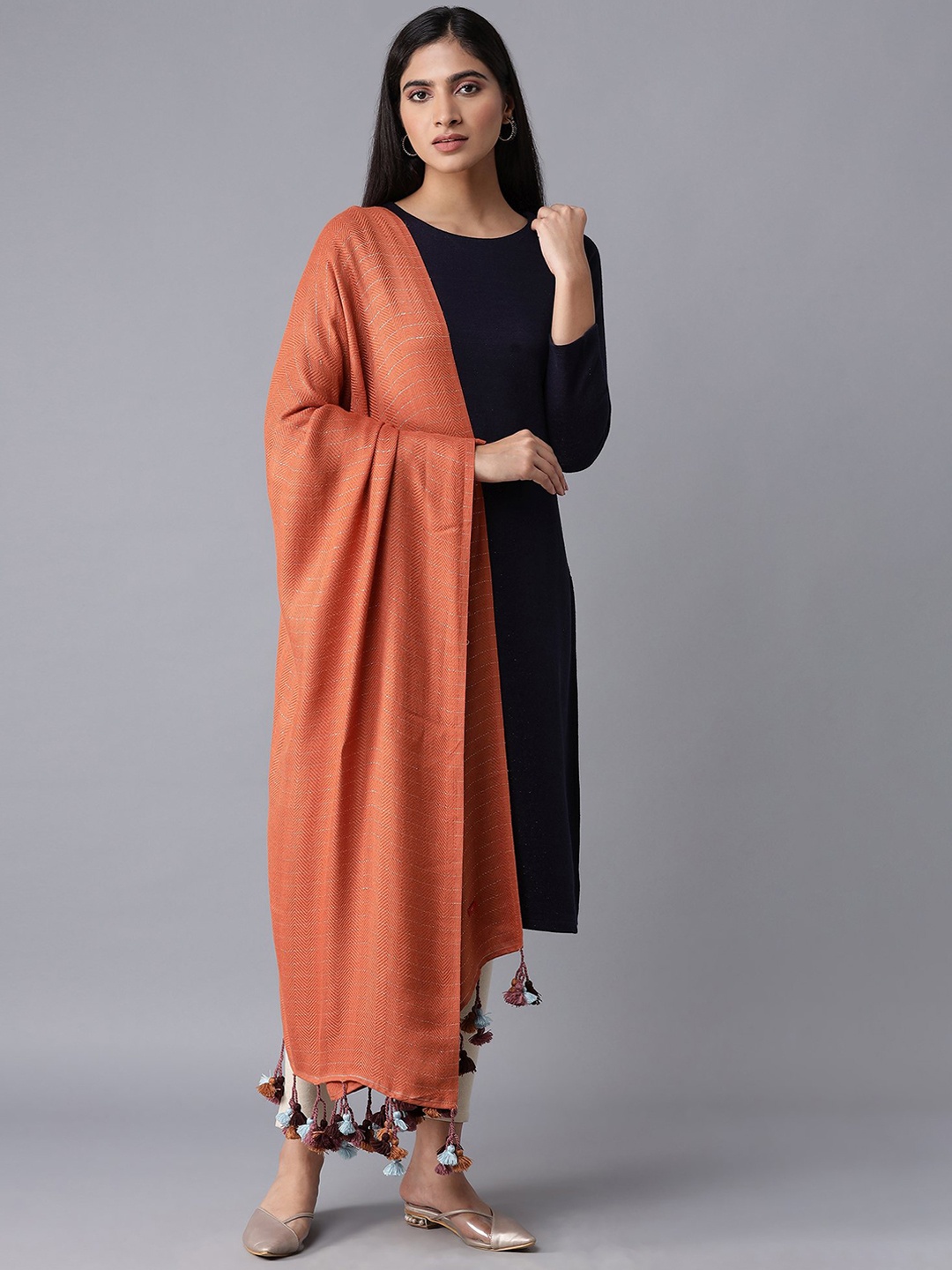 

W Women Orange Woven-Design Shawl