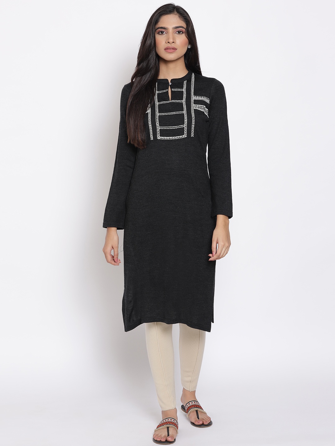 

W Women Black & White Geometric Yoke Design Thread Work Acrylic Kurta