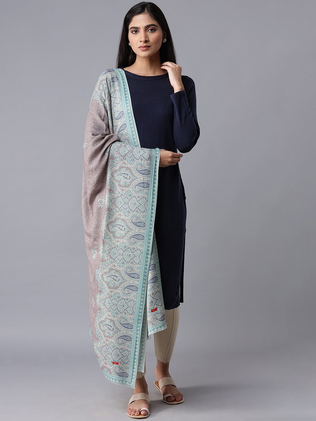 

W Women Grey & Blue Woven-Design Shawl
