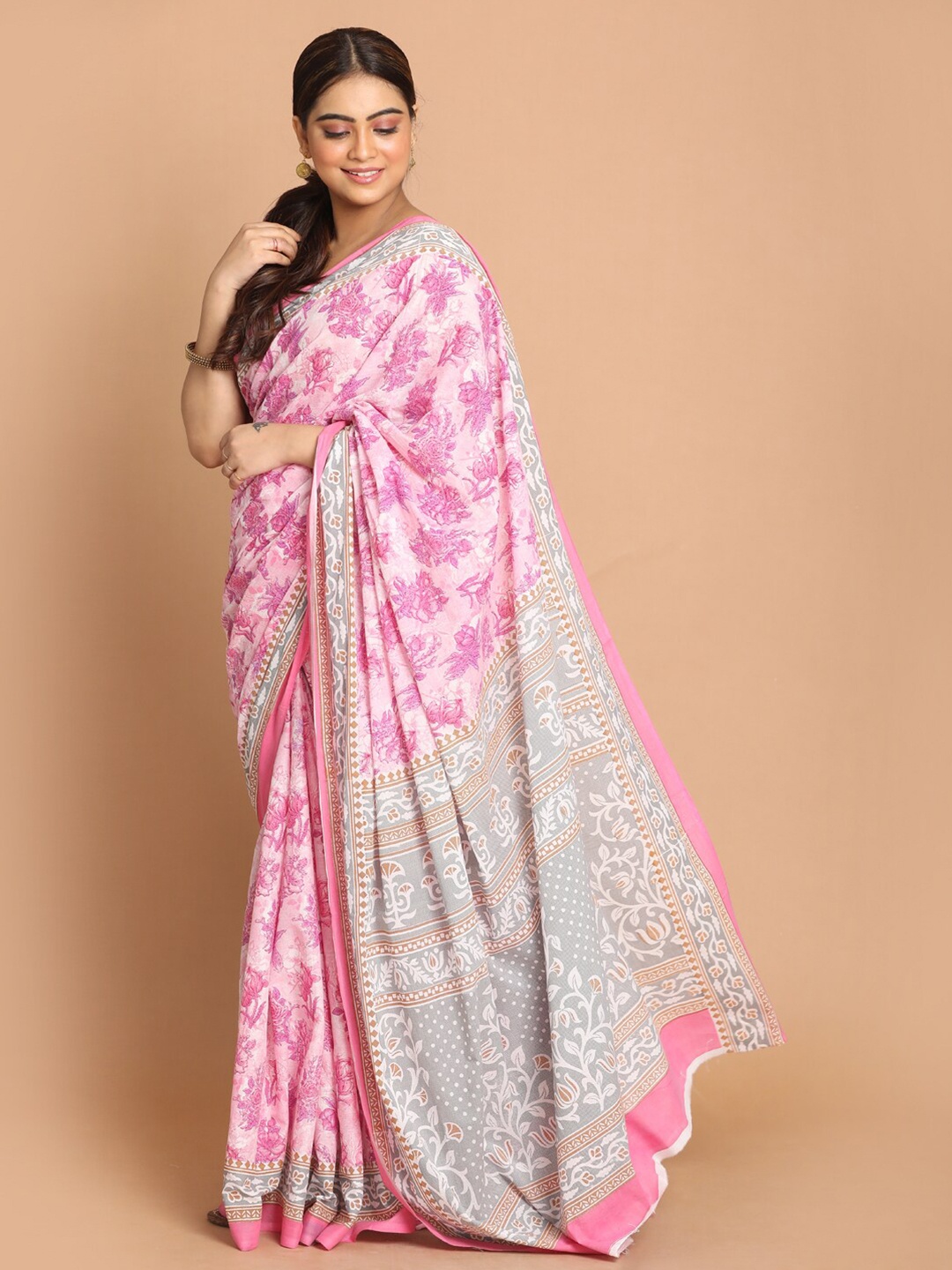 

Saranee Purple & Grey Floral Printed Pure Cotton Saree