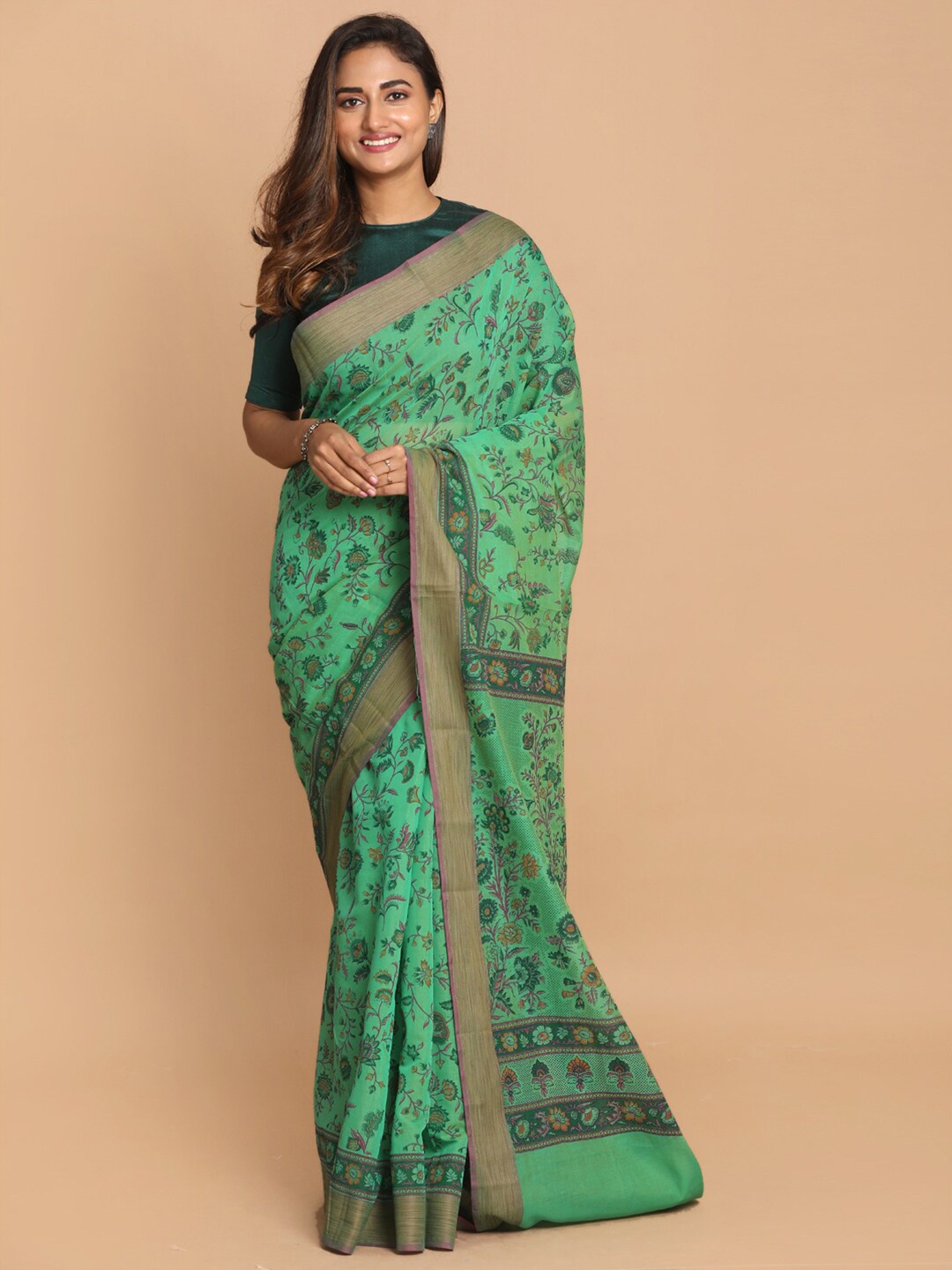 

Saranee Green & Brown Floral Printed Saree