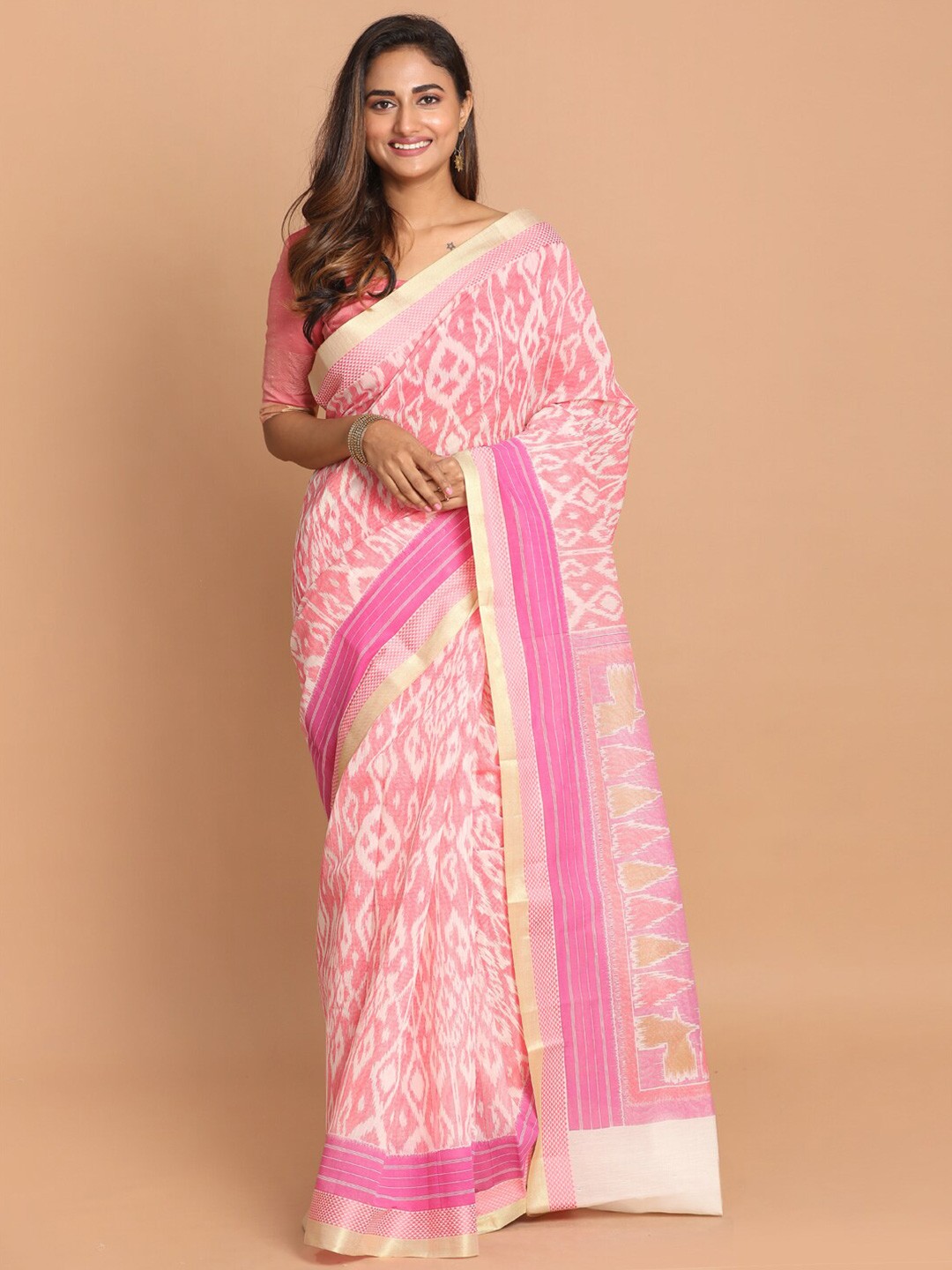 

Indethnic Pink & Cream-Coloured Ethnic Motifs Saree