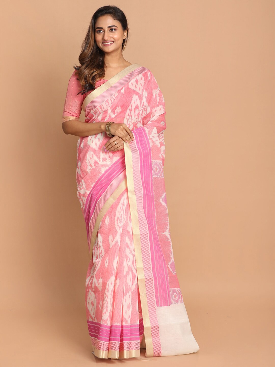 

Indethnic Pink & White Ethnic Motifs Saree