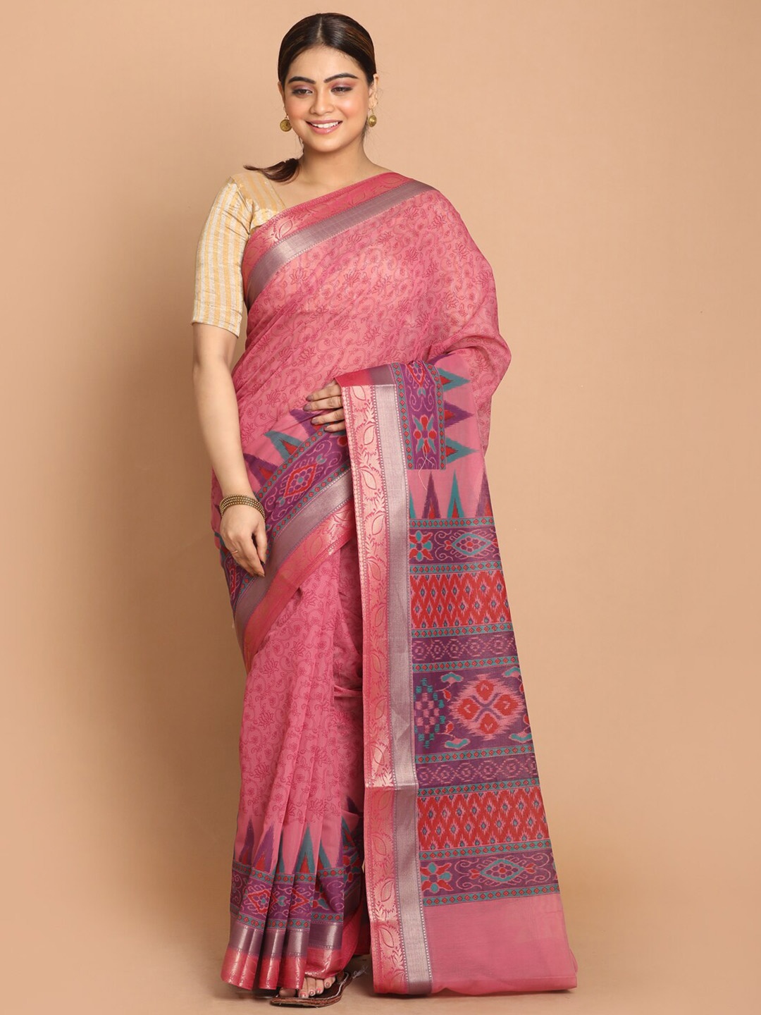 

Saranee Pink & Silver-Toned Floral Printed Zari Border Saree