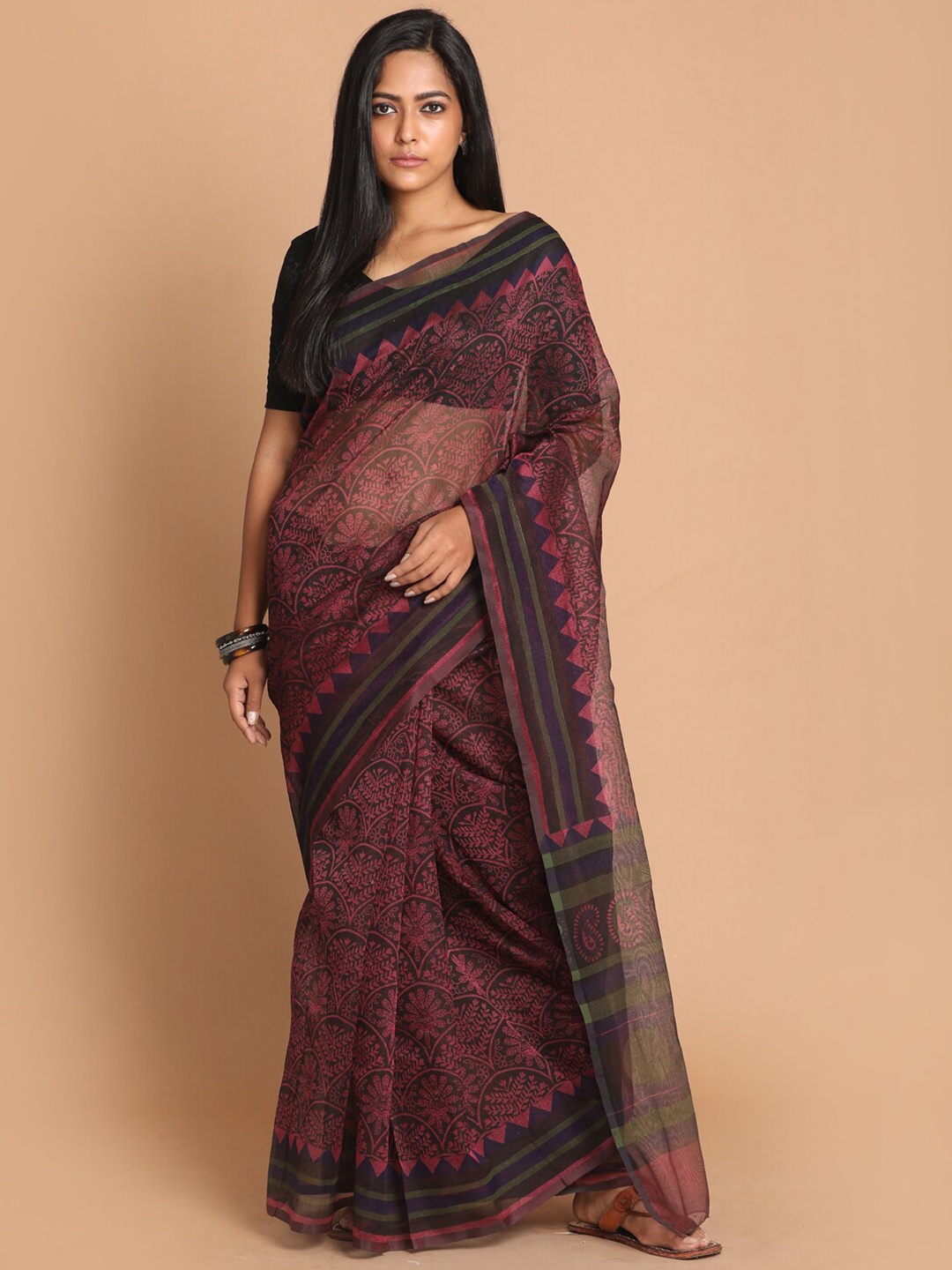 

Indethnic Black & Magenta Ethnic Motifs Supernet Saree