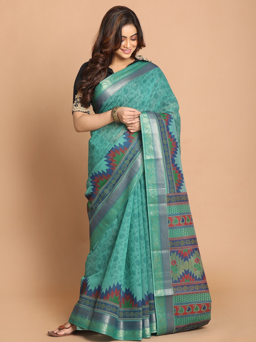 

Saranee Green & Blue Floral Zari Saree