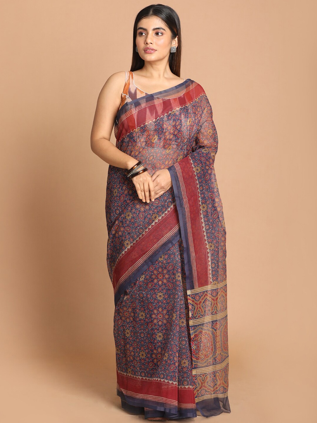 

Indethnic Purple & Red Ethnic Motifs Printed Supernet Saree