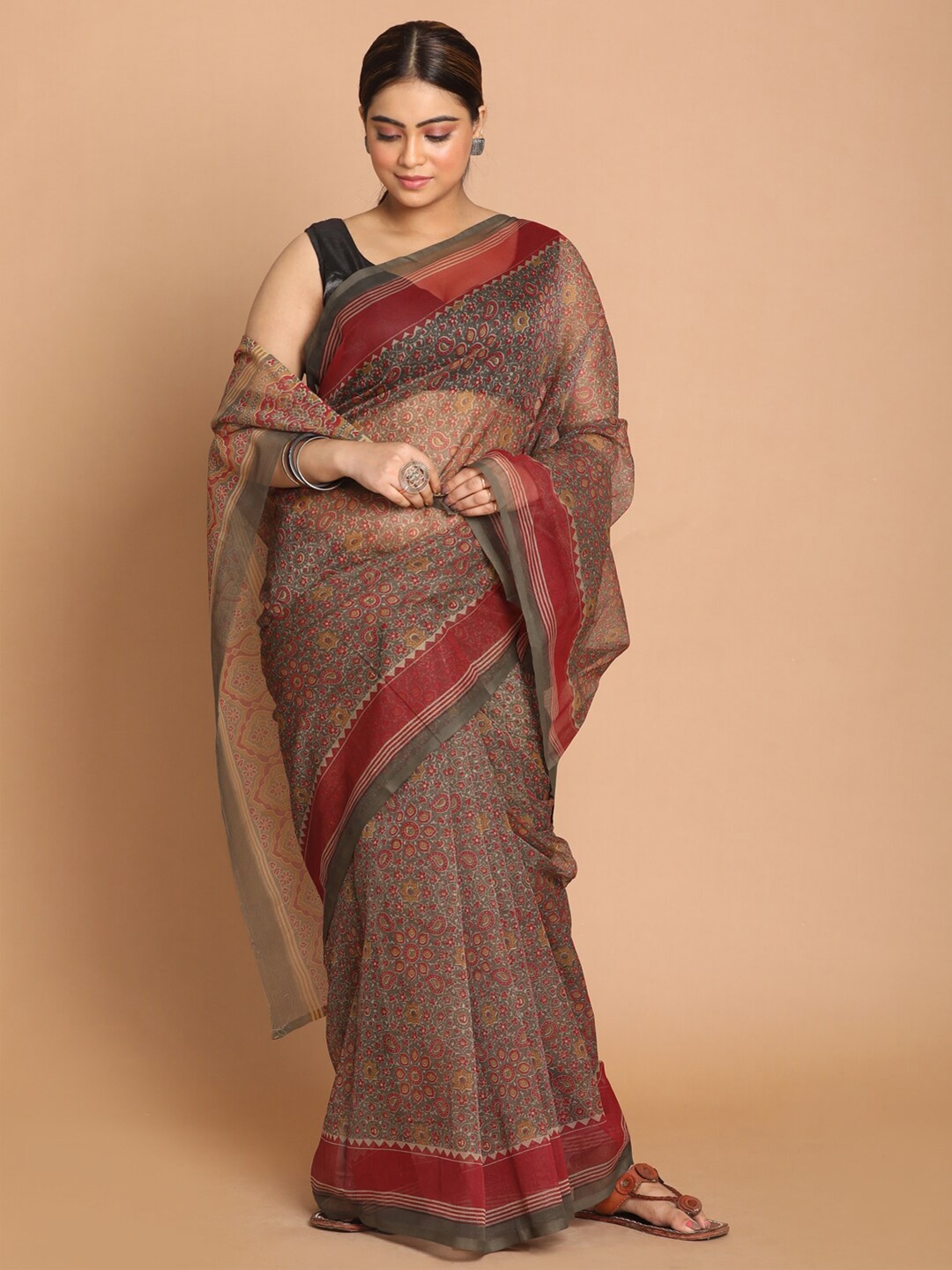 

Indethnic Olive Green & Red Paisley Supernet Saree