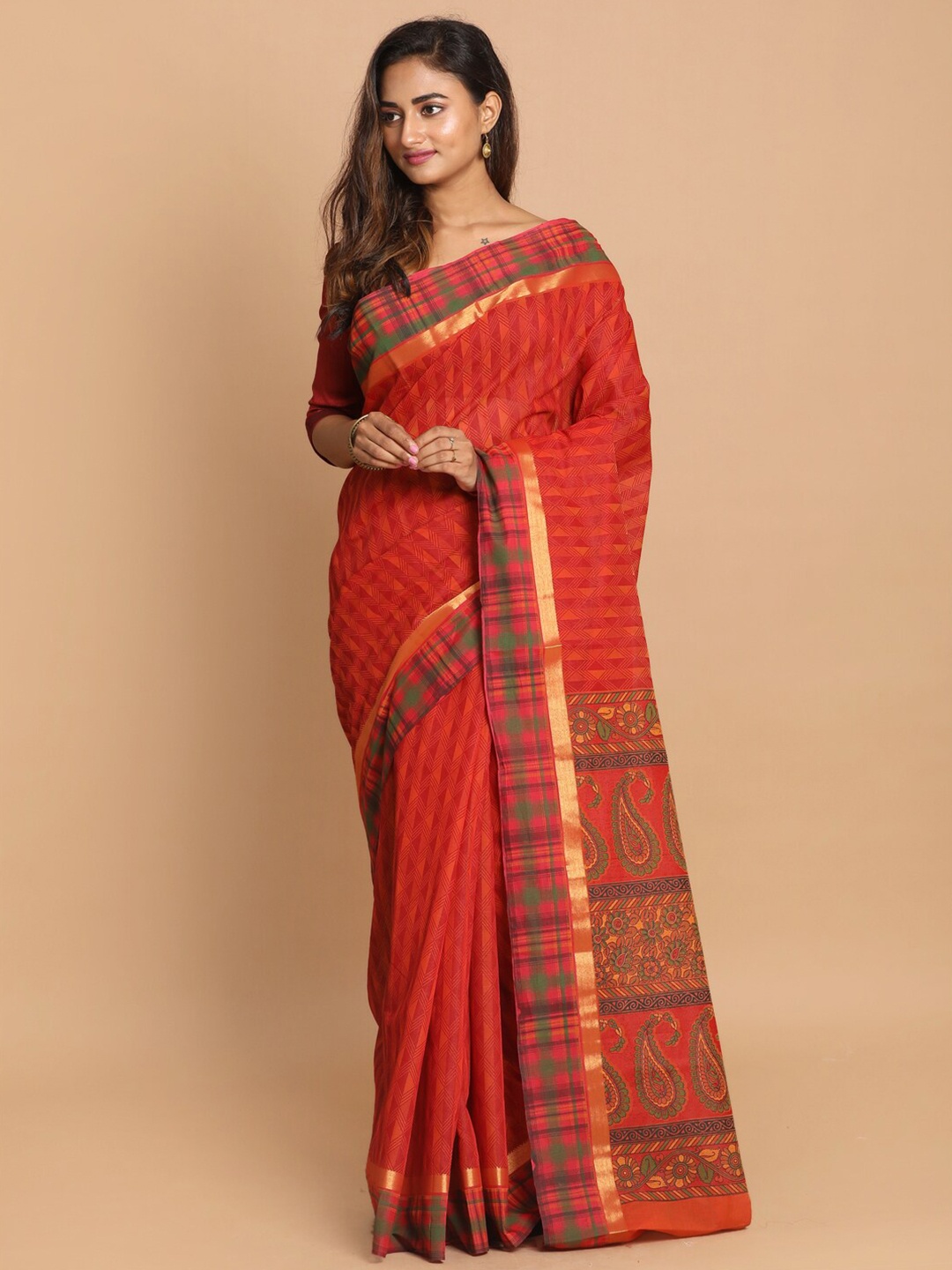 

Saranee Green & Orange Printed Saree