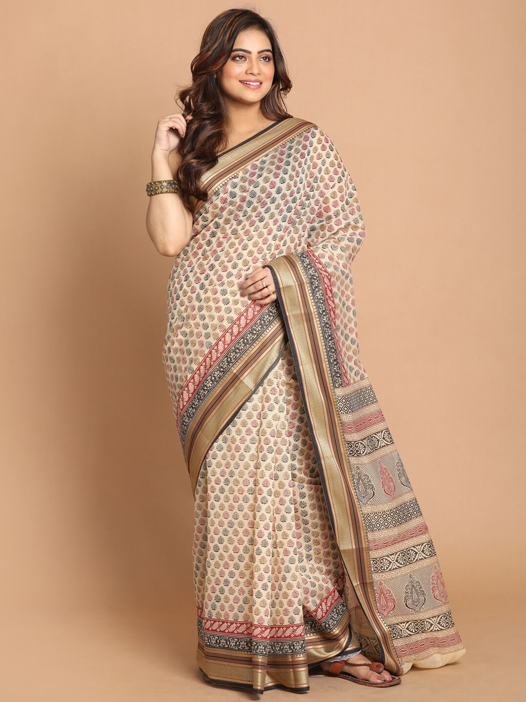 

Indethnic Black & Cream-Coloured Ethnic Motifs Zari Saree