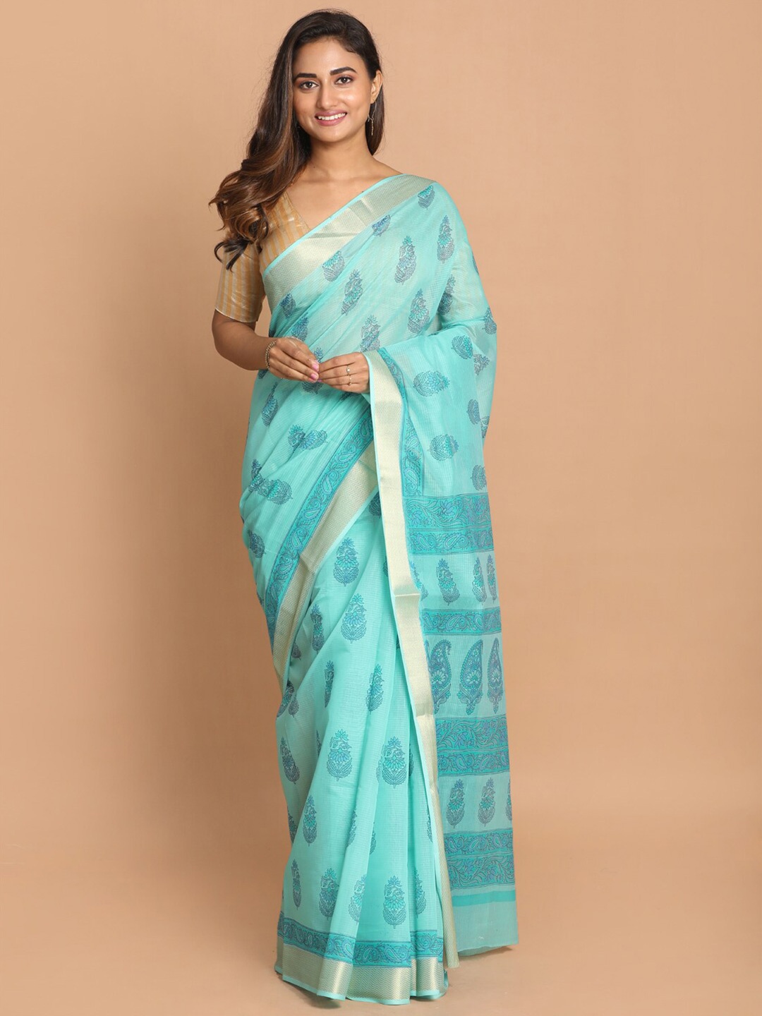 

Saranee Turquoise Blue & Gold-Toned Floral Printed Zari Border Saree