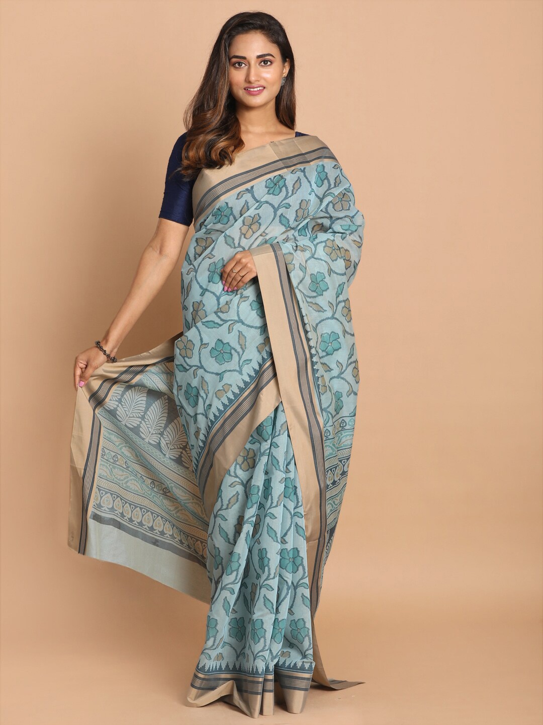 

Saranee Blue & Tan Floral Zari Saree