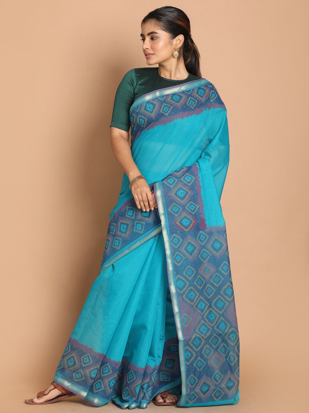 

Saranee Blue & Pink Printed Zari Saree