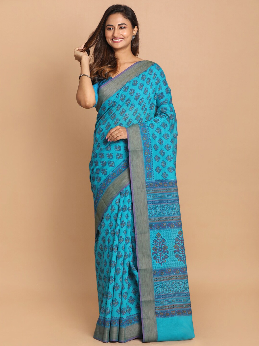 

Saranee Blue & Grey Ethnic Motifs Printed Saree