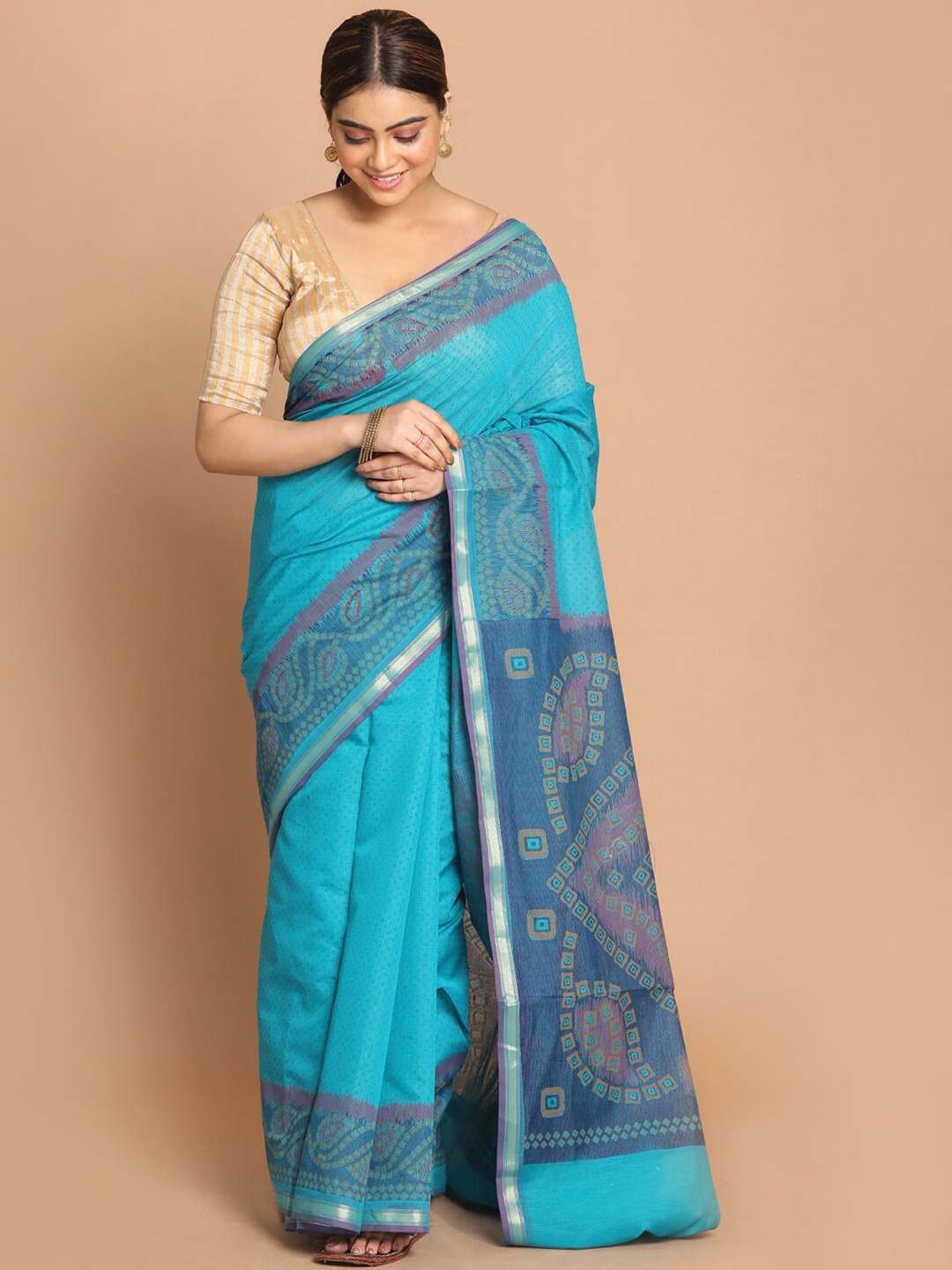 

Saranee Blue & Pink Ethnic Motifs Zari Saree