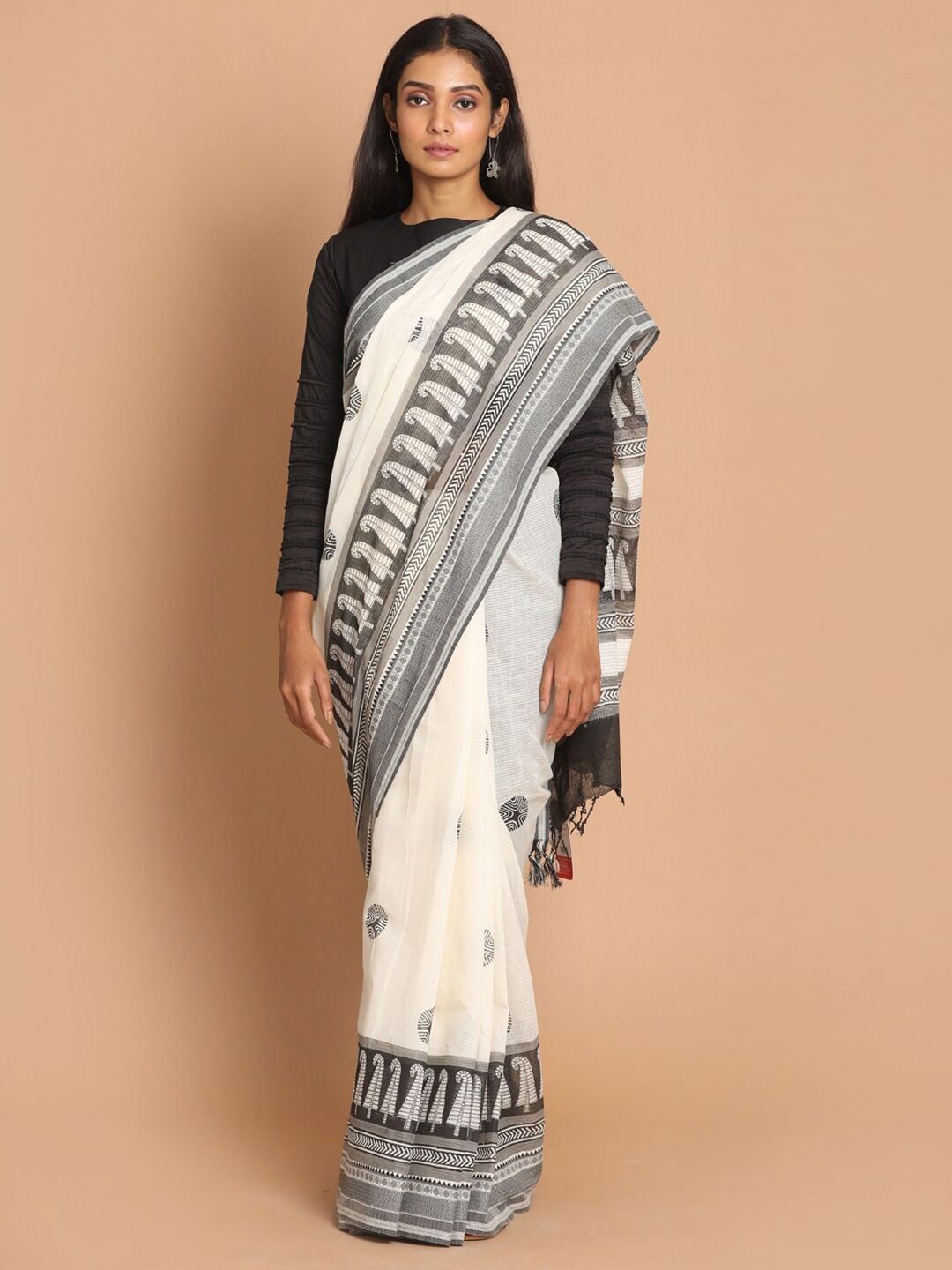 

Indethnic Black & White Ethnic Motifs Pure Cotton Saree