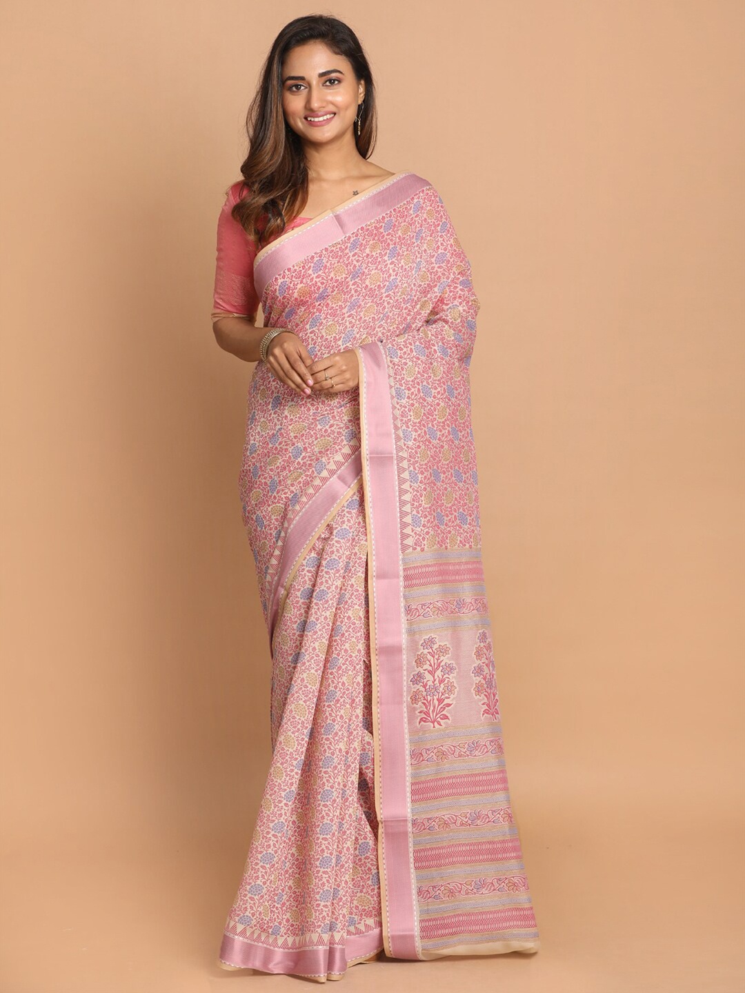 

Saranee Pink Floral Printed Zari Border Saree