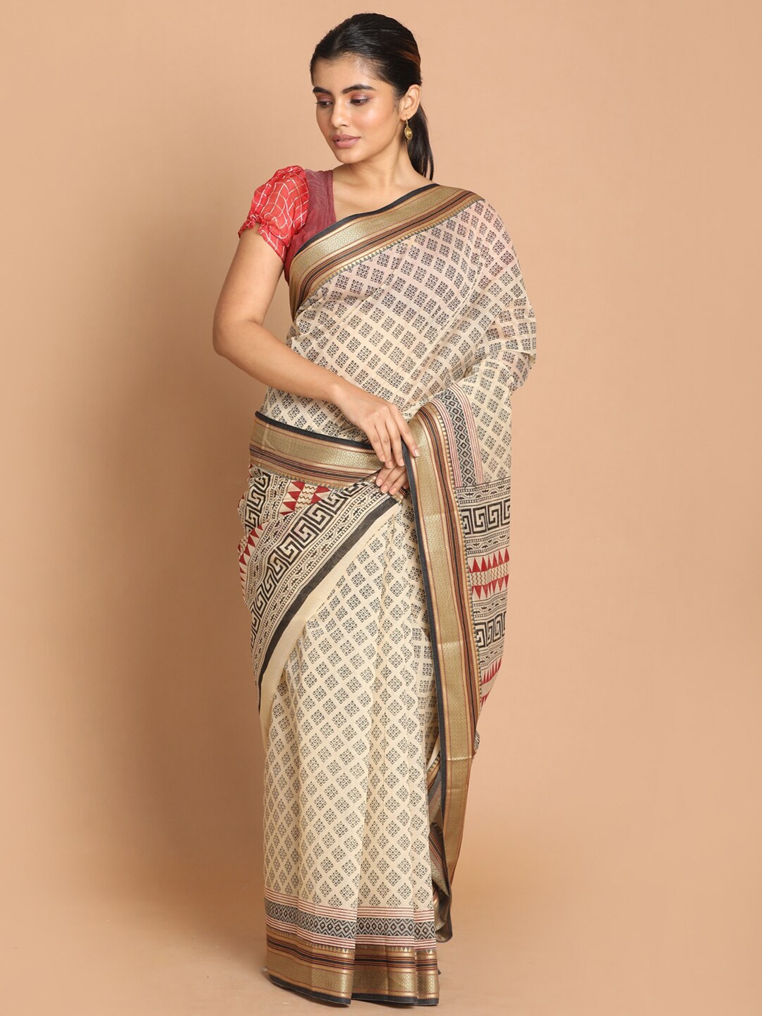 

Saranee Beige & Black Ethnic Motifs Zari Saree