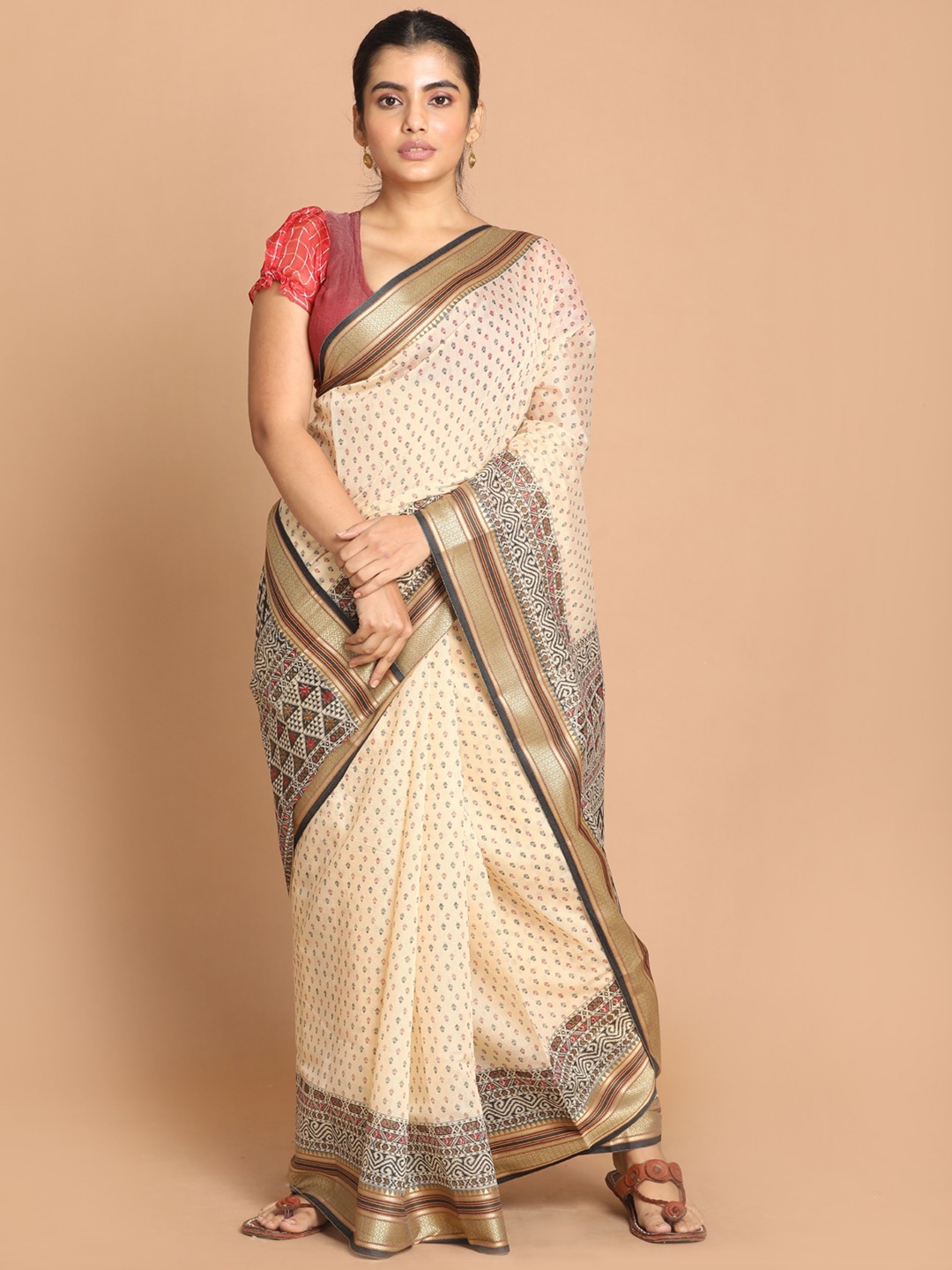 

Indethnic Cream & Black Ethnic Motifs Saree