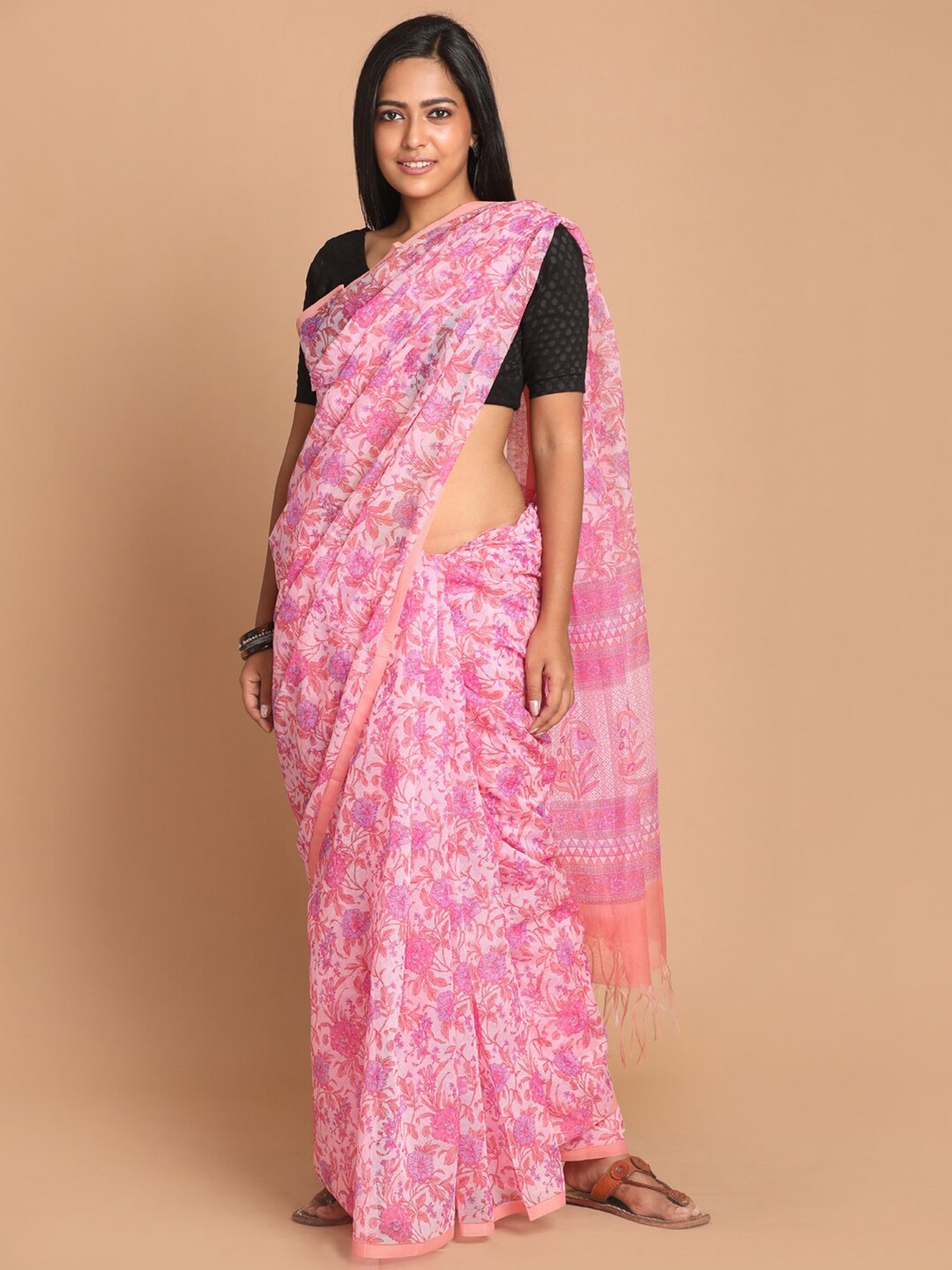 

Indethnic Pink & Orange Floral Supernet Saree