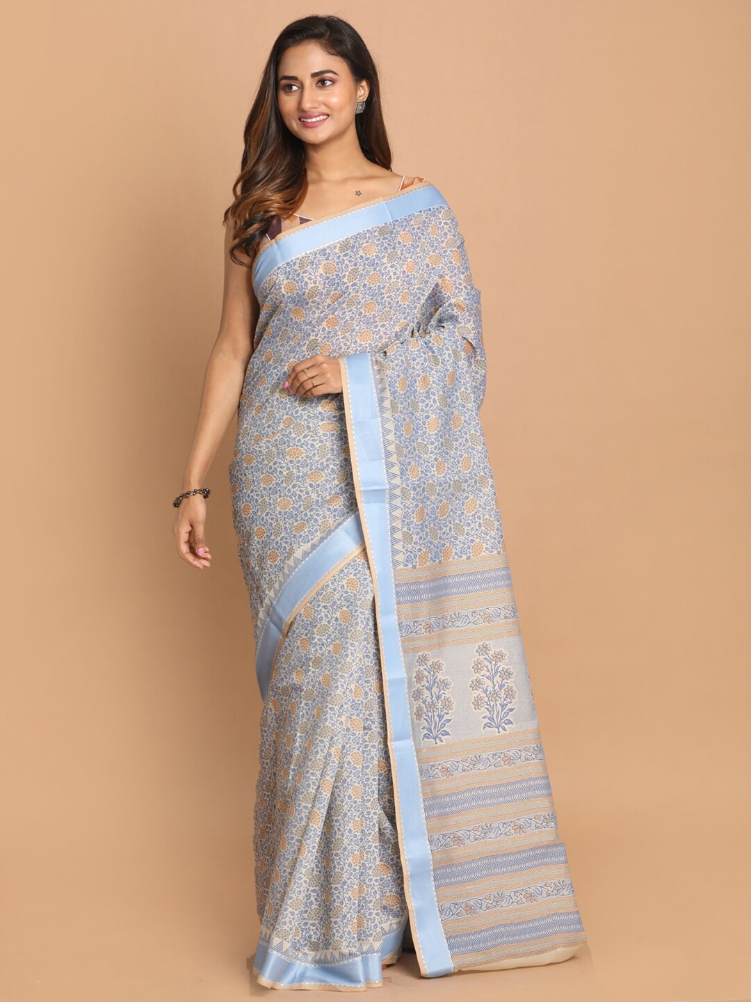 

Saranee Blue & Beige Floral Printed Saree