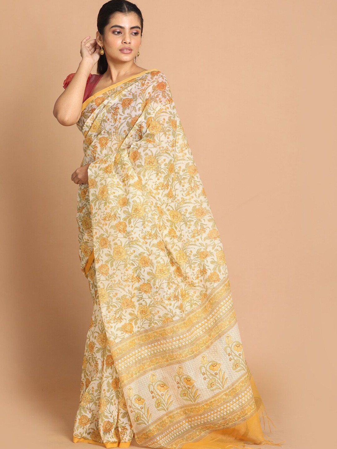 

Indethnic Yellow & White Floral Printed Supernet Saree