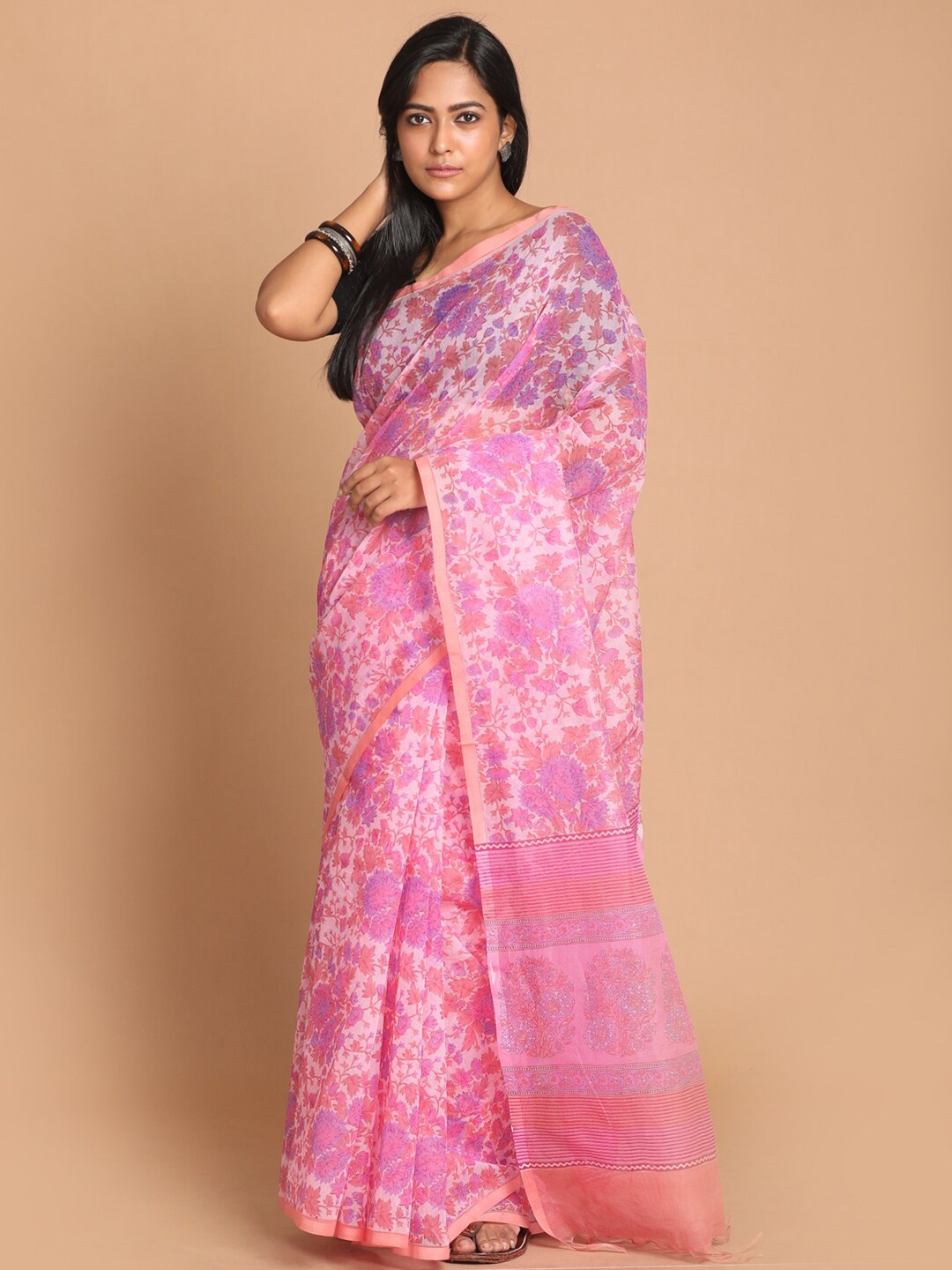 

Indethnic Pink & Gold-Toned Floral Printed Supernet Saree