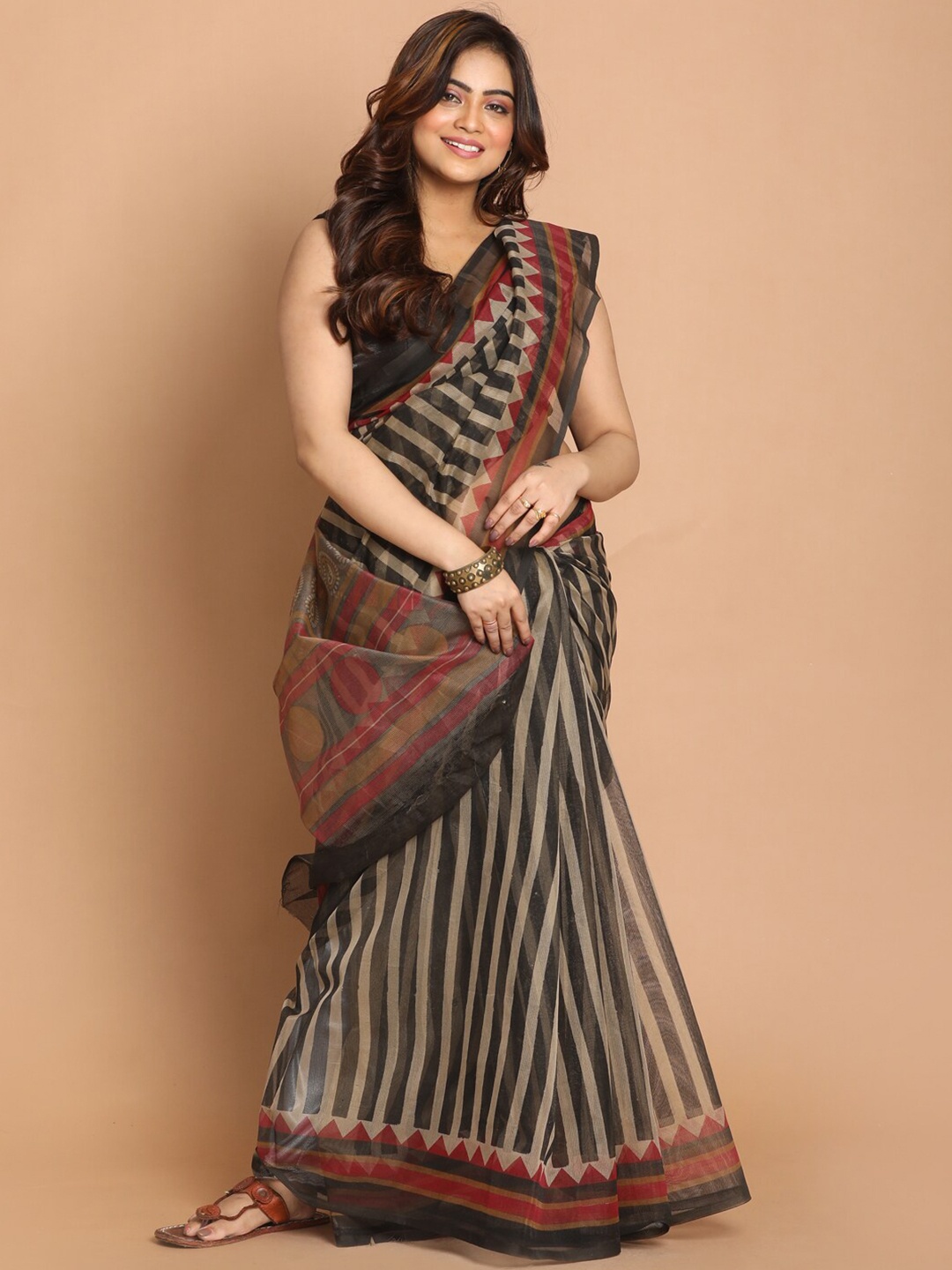 

Indethnic Black & Maroon Striped Supernet Saree