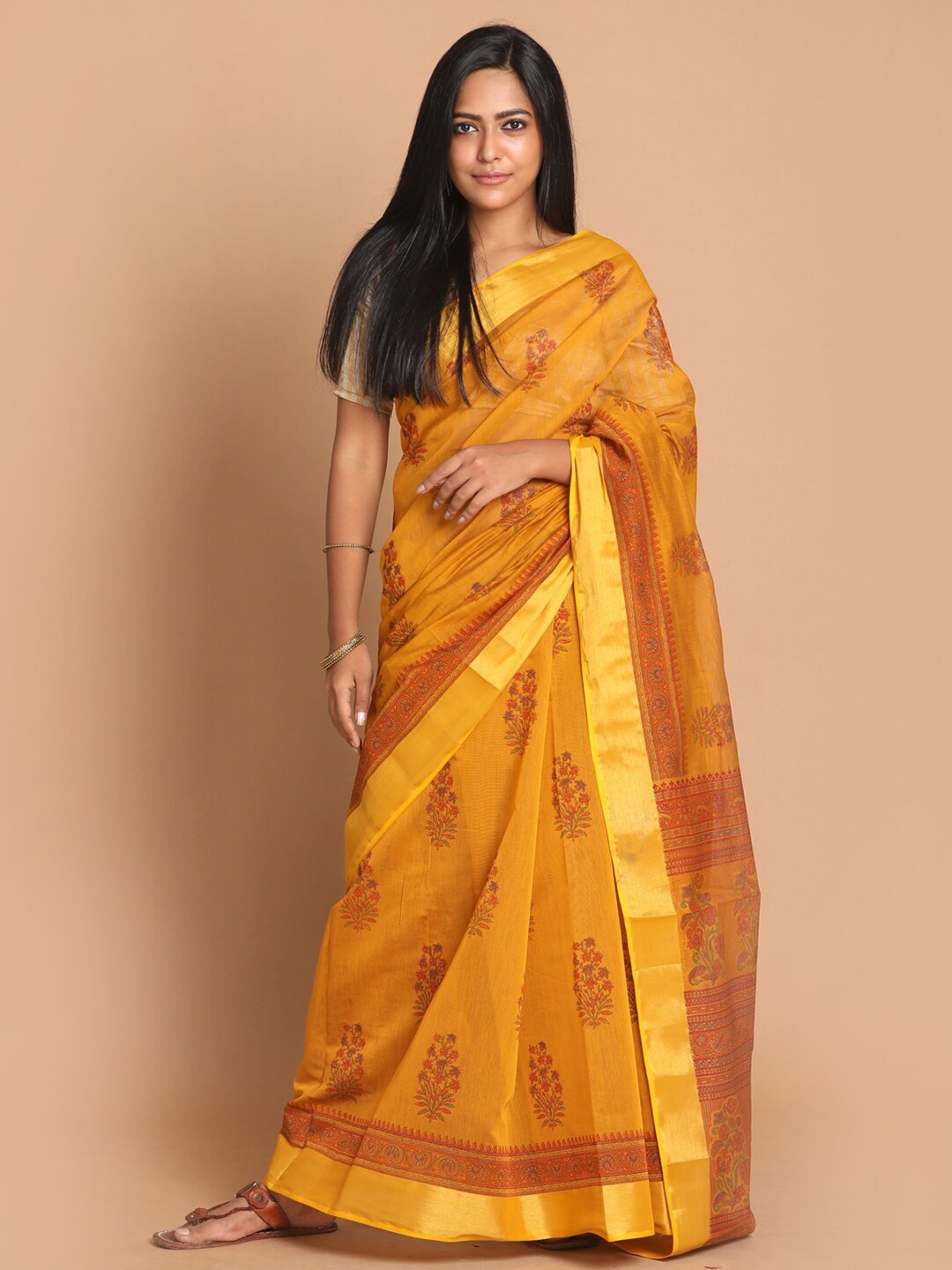 

Saranee Mustard & Brown Floral Printed Saree