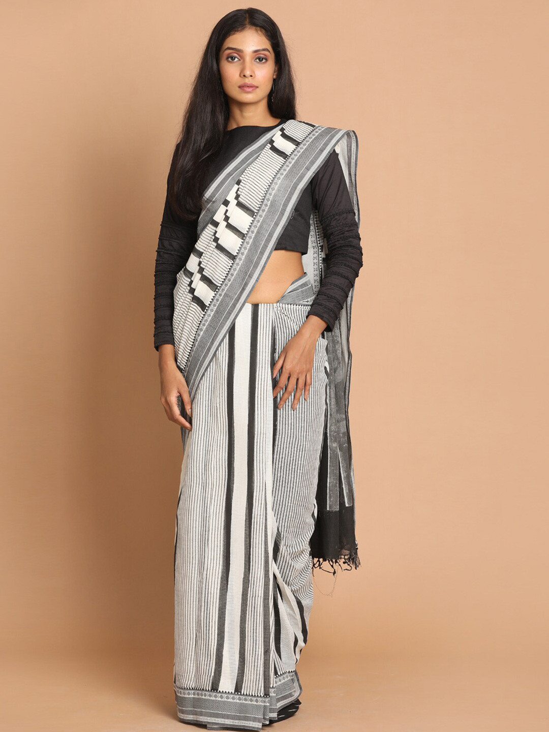 

Indethnic Black & White Striped Pure Cotton Saree