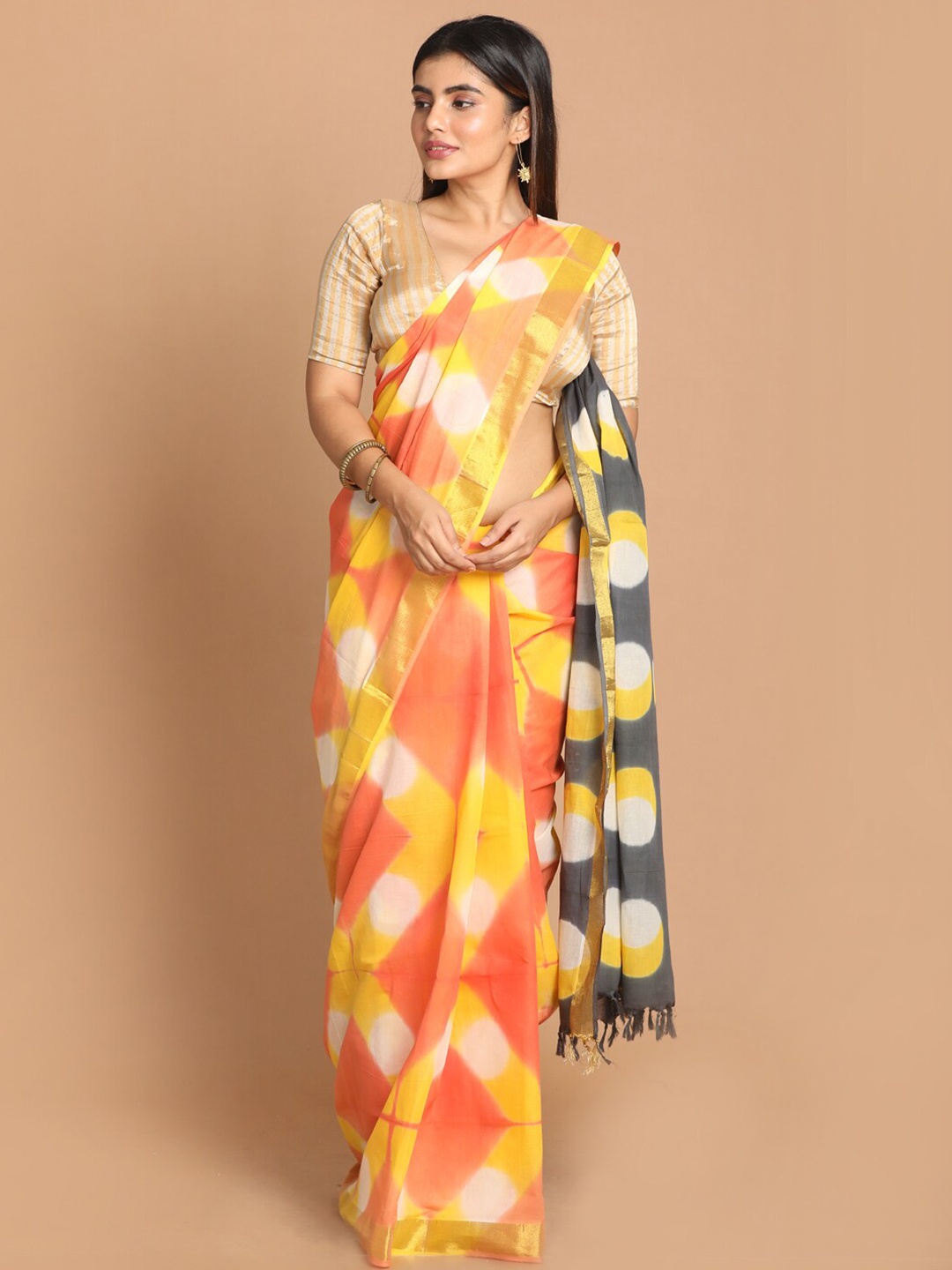 

Indethnic Orange & Yellow Tie and Dye Zari Pure Cotton Saree