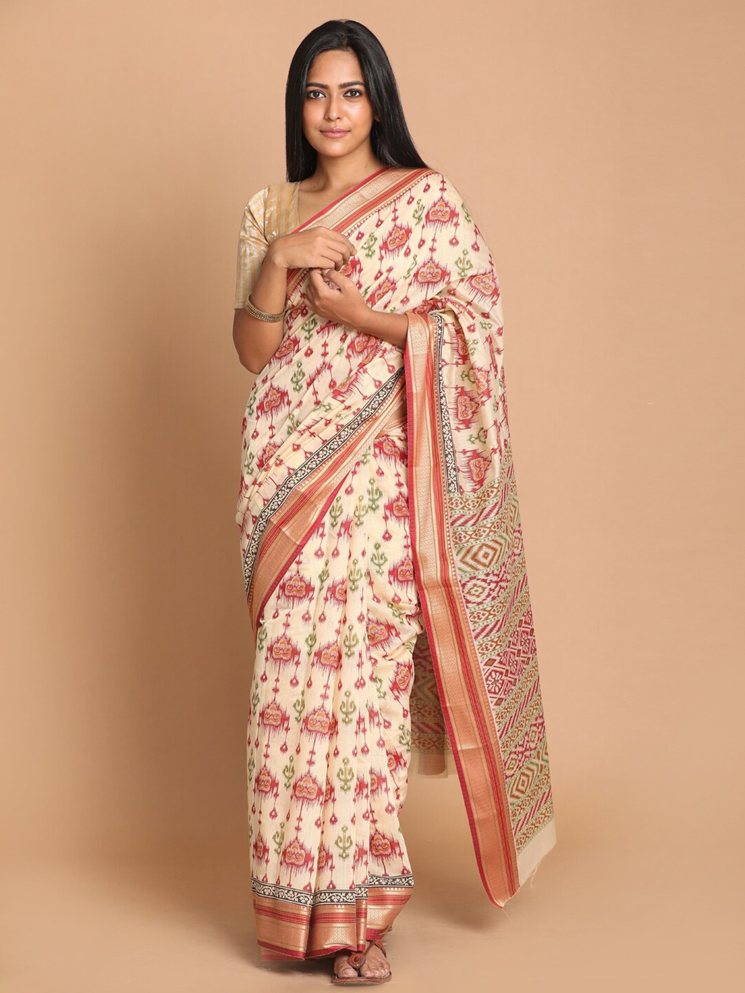 

Saranee Maroon & Off White Ethnic Motifs Printed Pure Cotton Saree