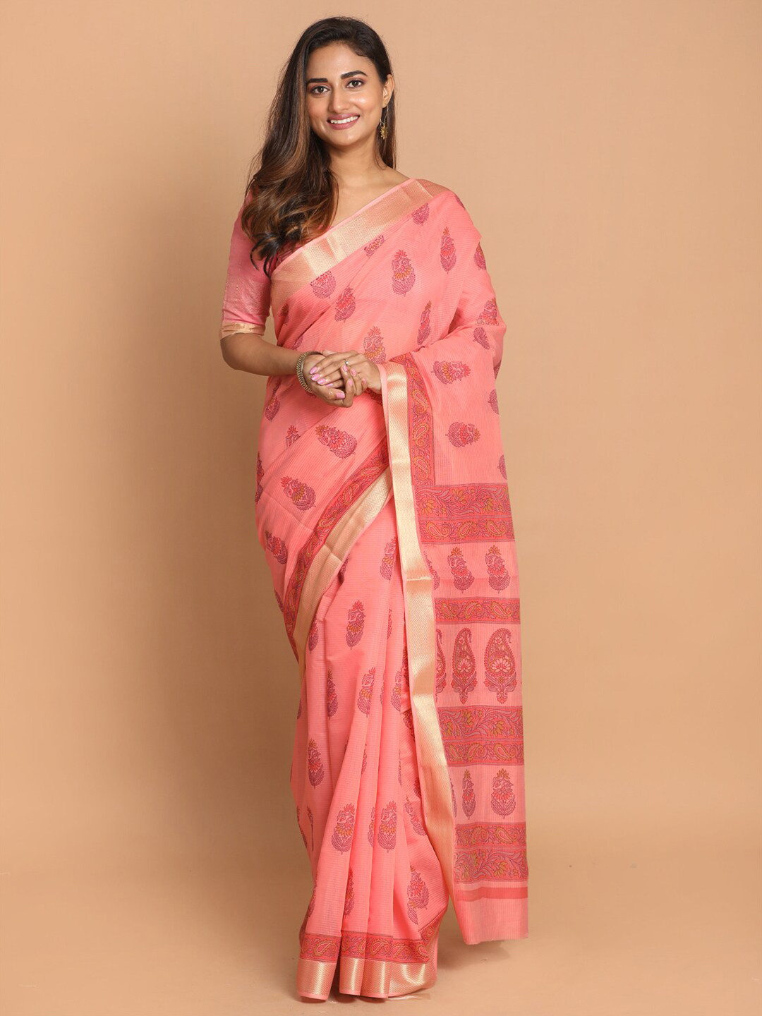 

Saranee Pink & Gold Ethnic Motifs Zari Saree