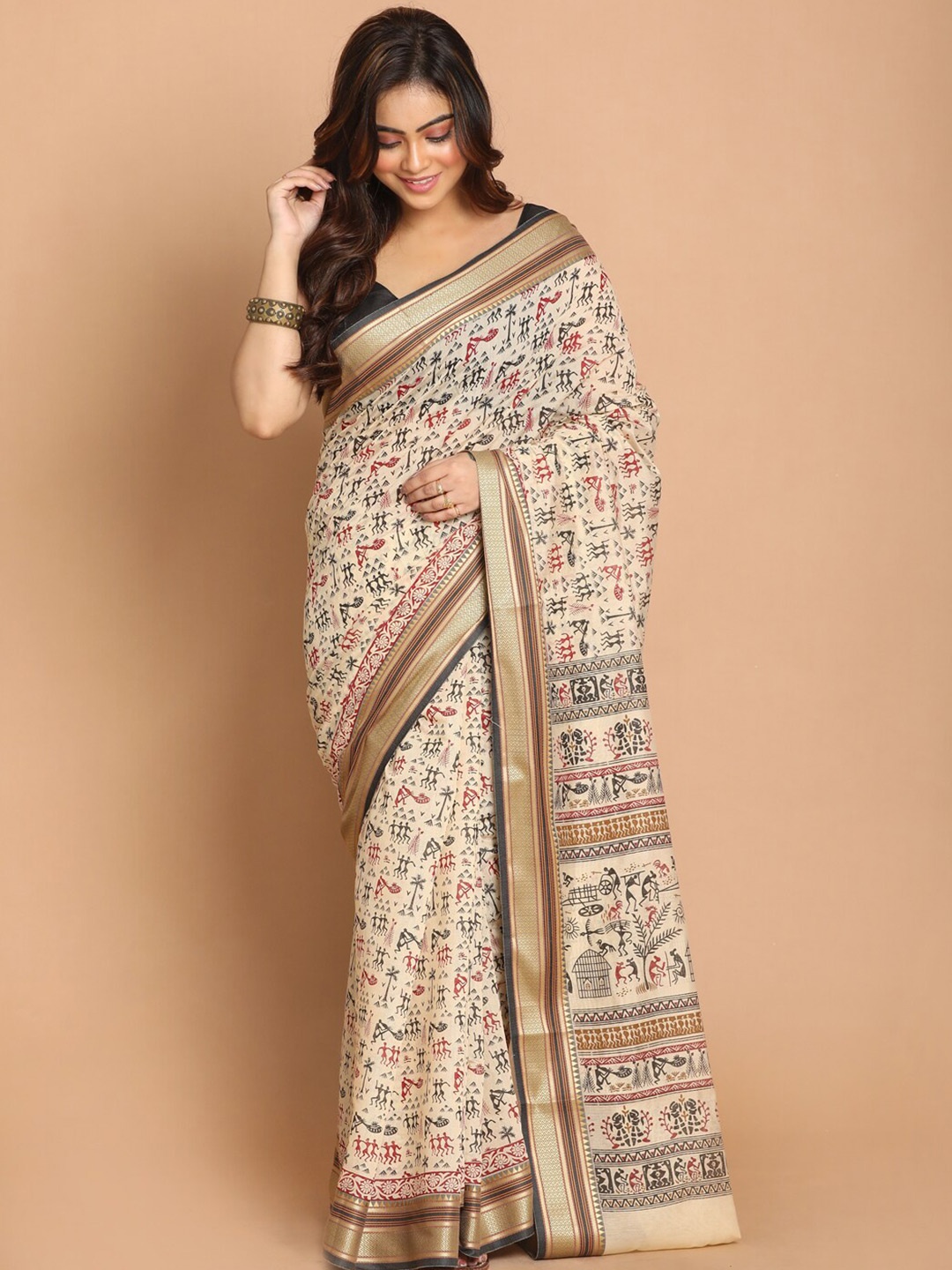 

Indethnic Beige & Gold-Toned Warli Printed Zari Border Saree