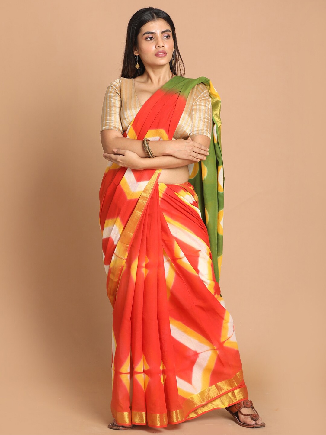 

Indethnic Orange & Green Tie and Dye Zari Pure Cotton Saree