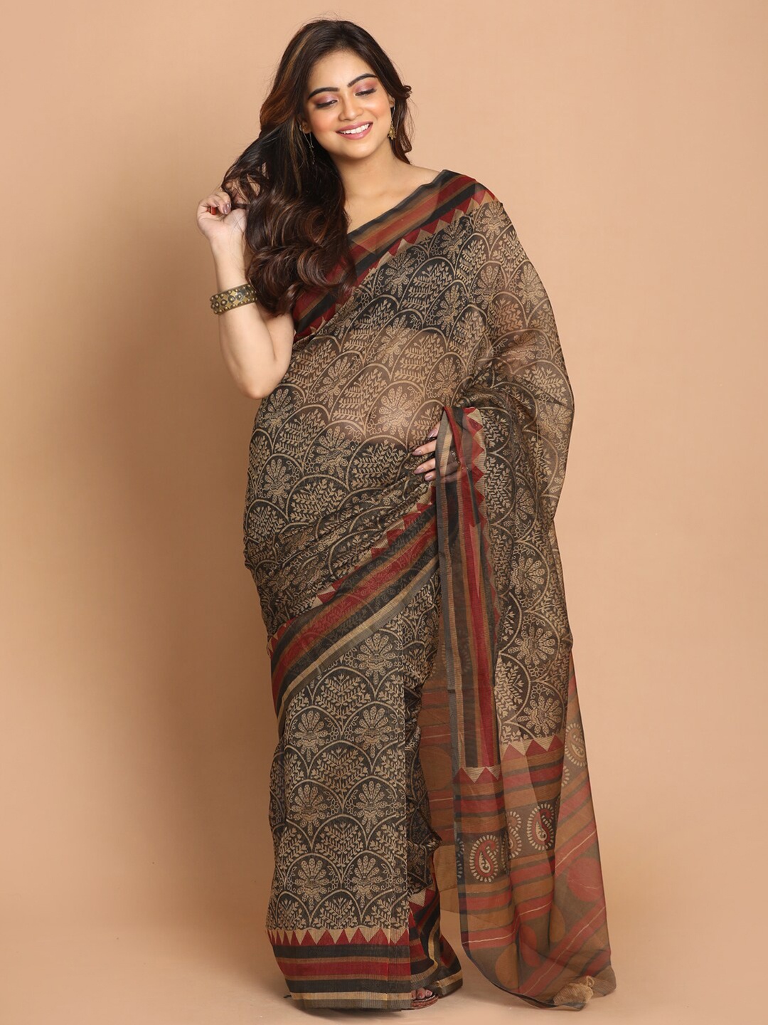 

Indethnic Maroon & Black Floral Supernet Saree