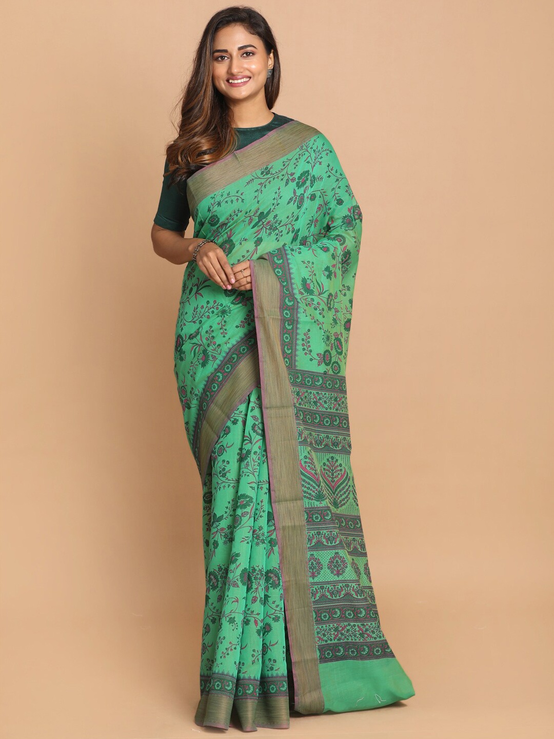 

Saranee Green & Brown Floral Printed Zari Saree