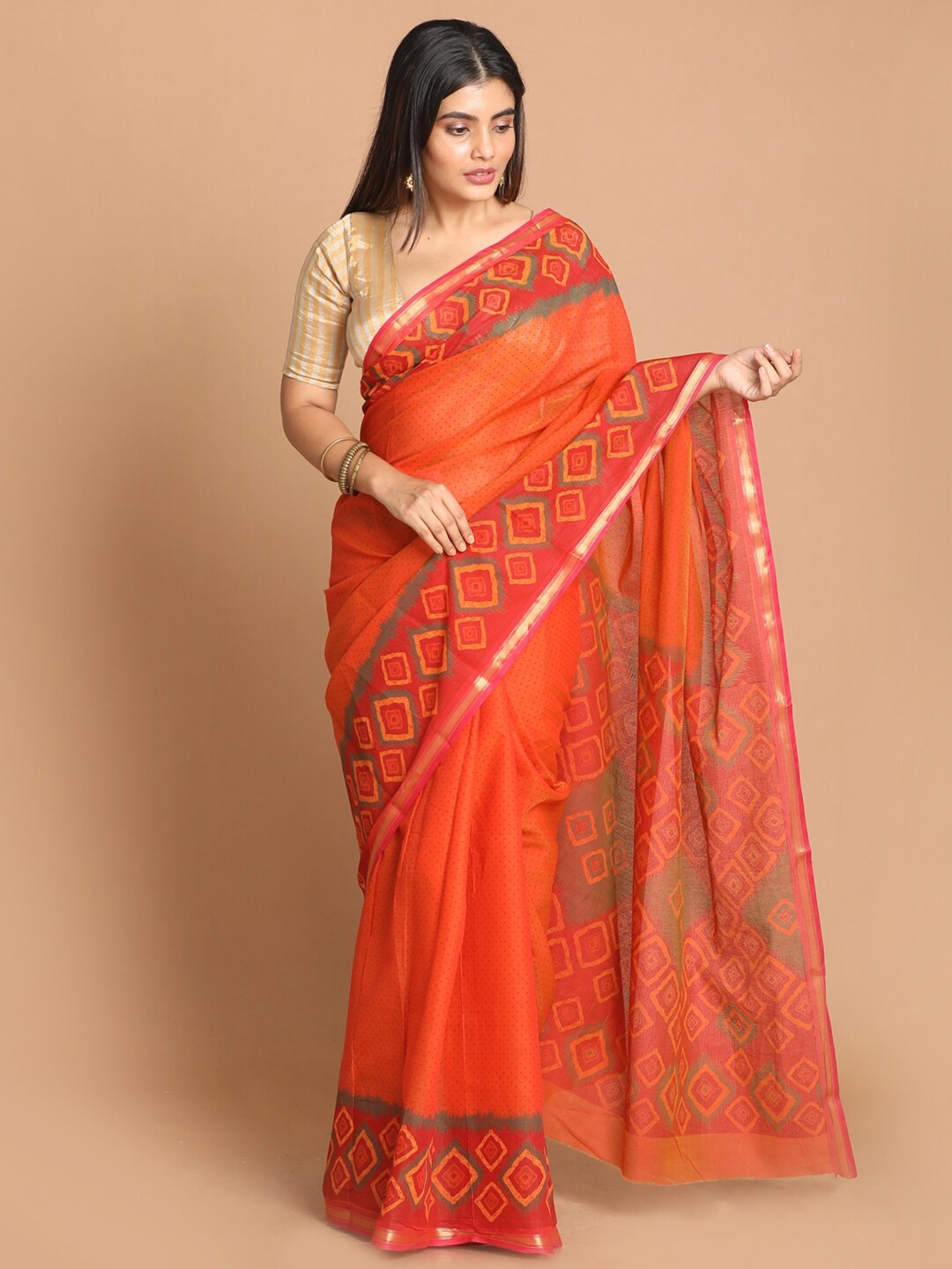 

Indethnic Rust & Yellow Geometric Printed Zari Saree