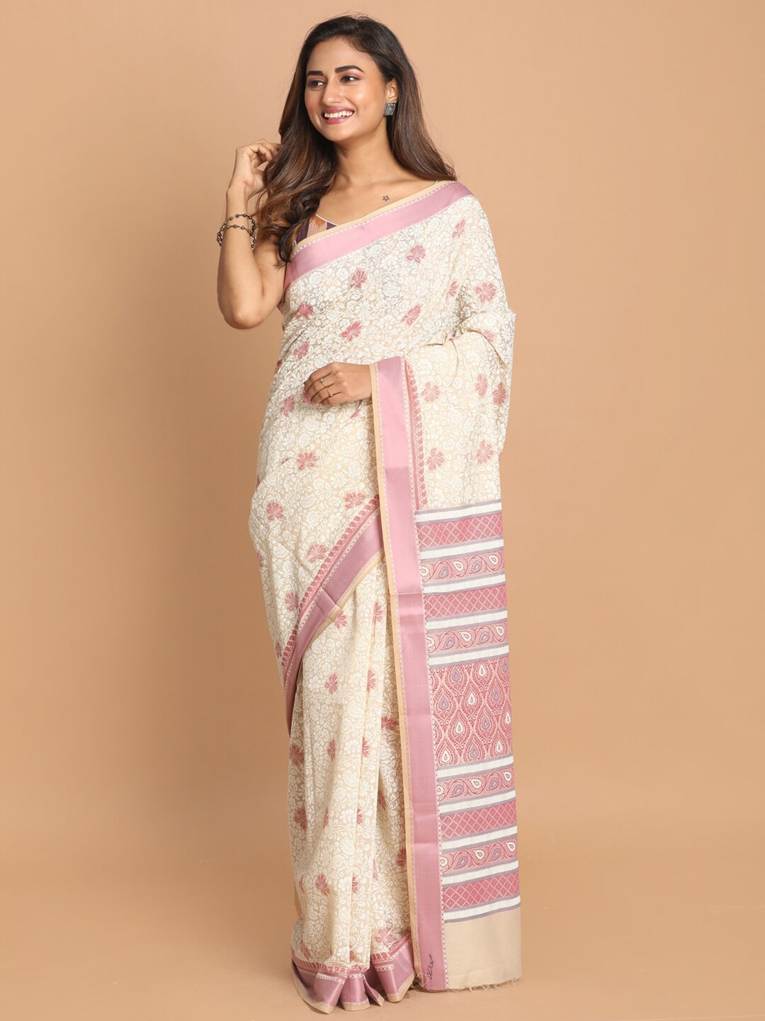 

Saranee Pink & Gold-Toned Floral Printed Zari Border Saree