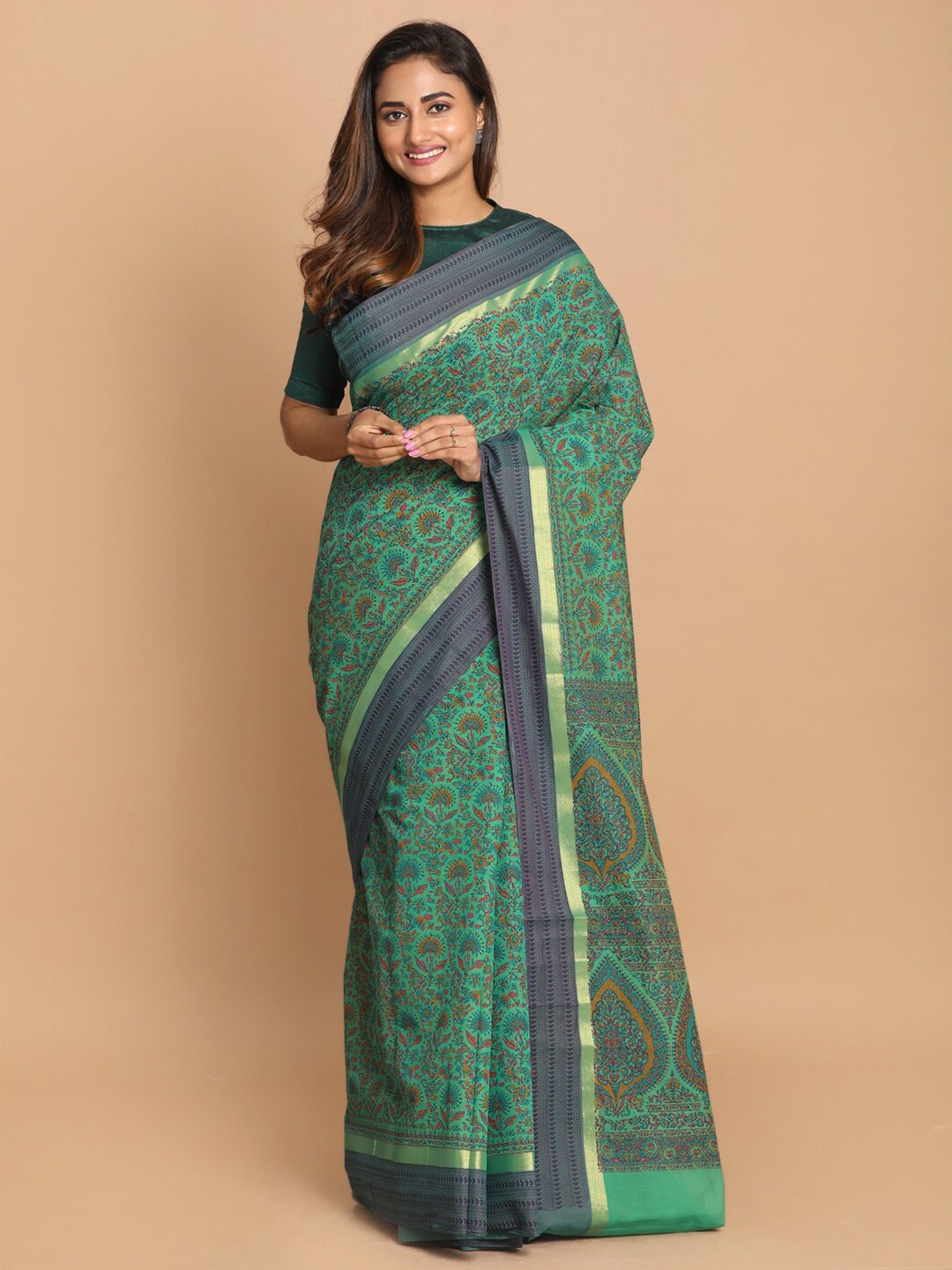 

Saranee Olive Green & Grey Floral Zari Saree