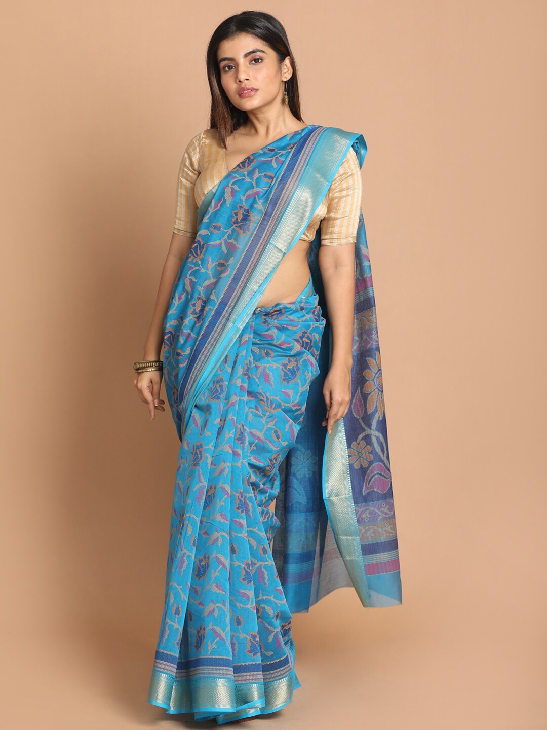 

Saranee Blue & Pink Floral Zari Saree