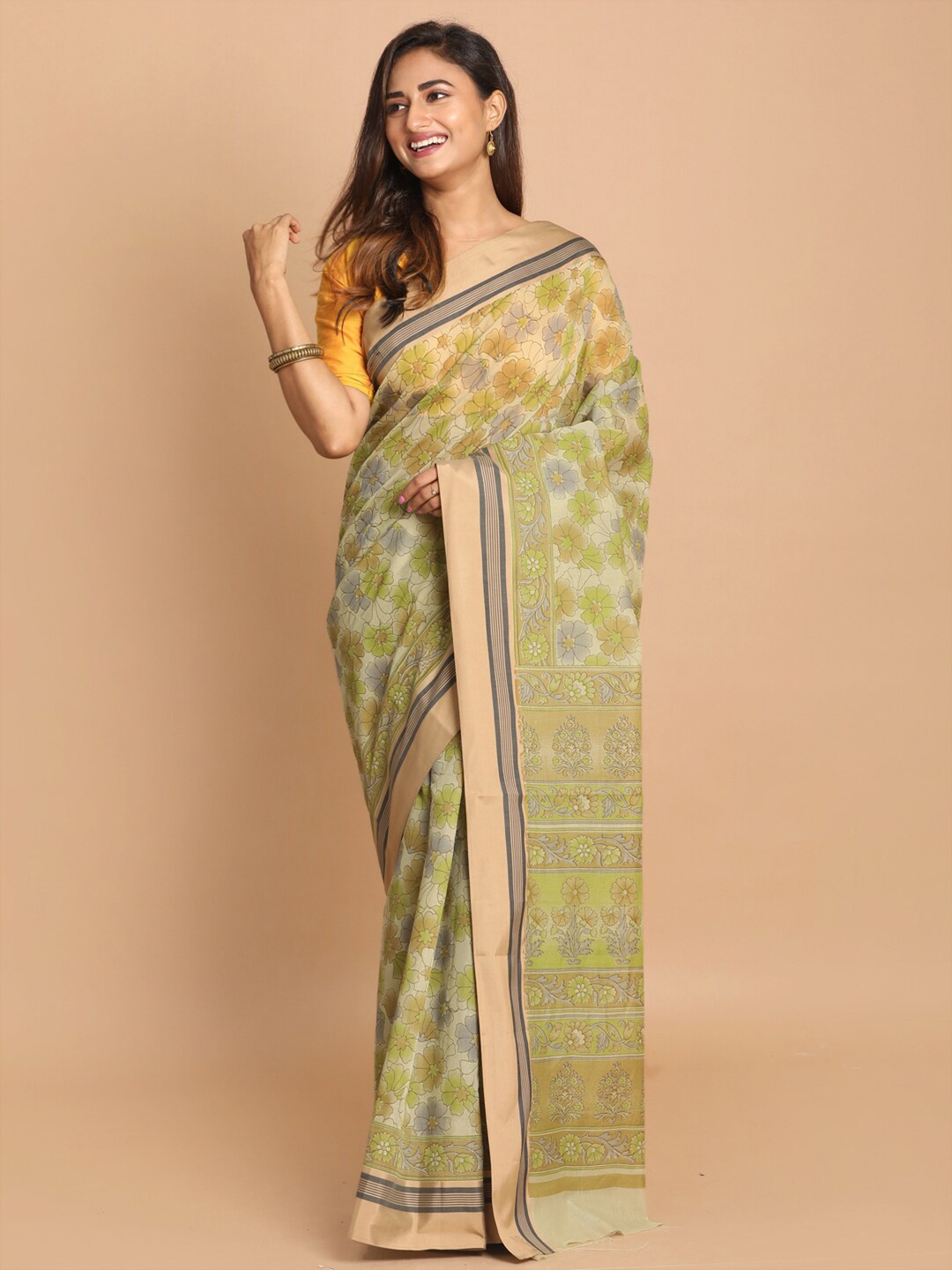 

Saranee Olive Green & Yellow Floral Saree