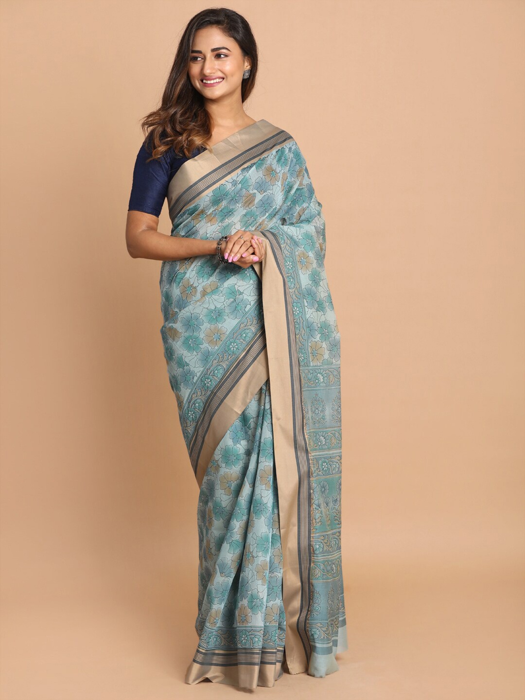 

Saranee Blue & Gold-Toned Floral Printed Zari Border Saree