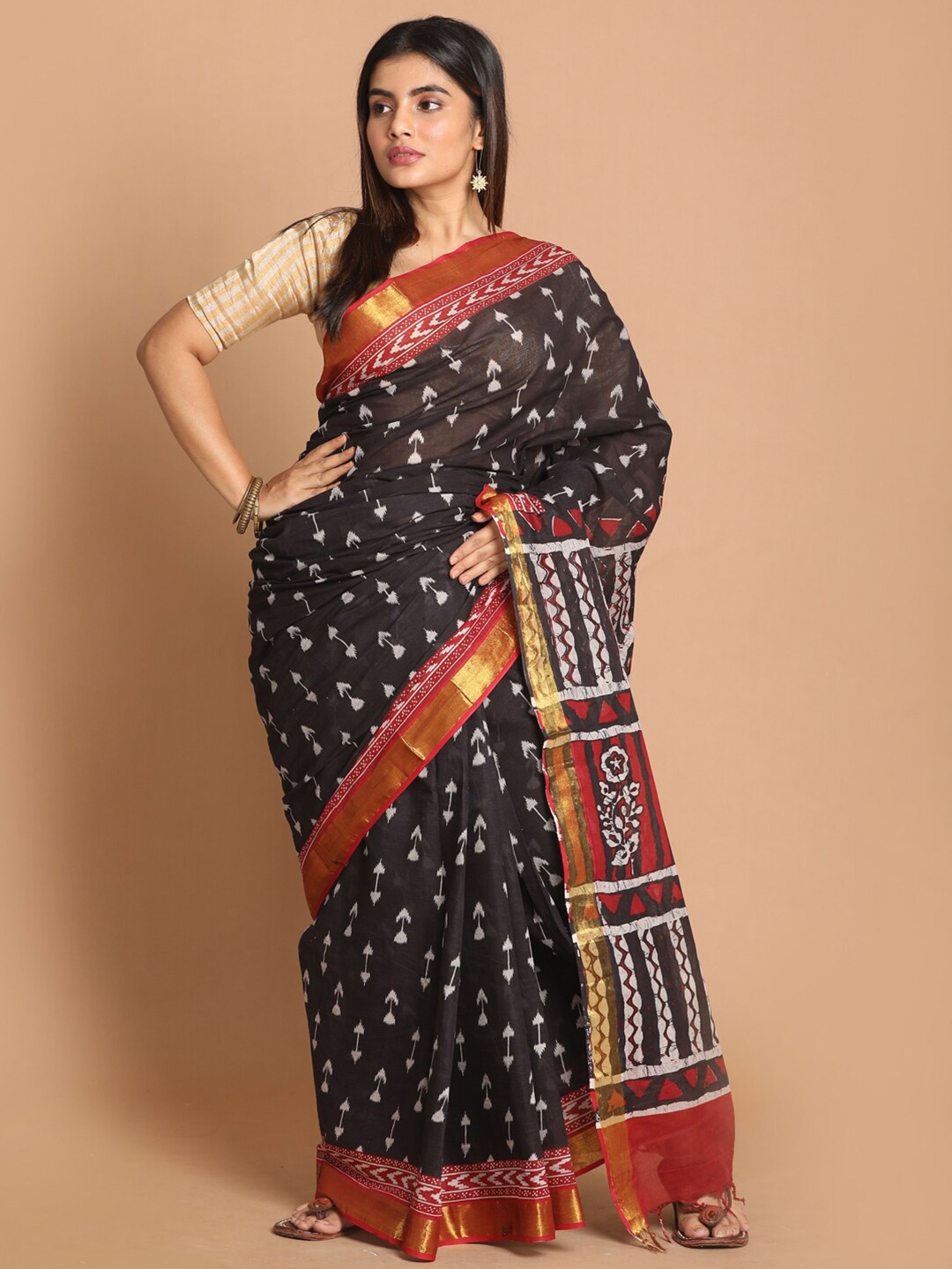 

Indethnic Black & Red Ethnic Motifs Zari Pure Cotton Saree