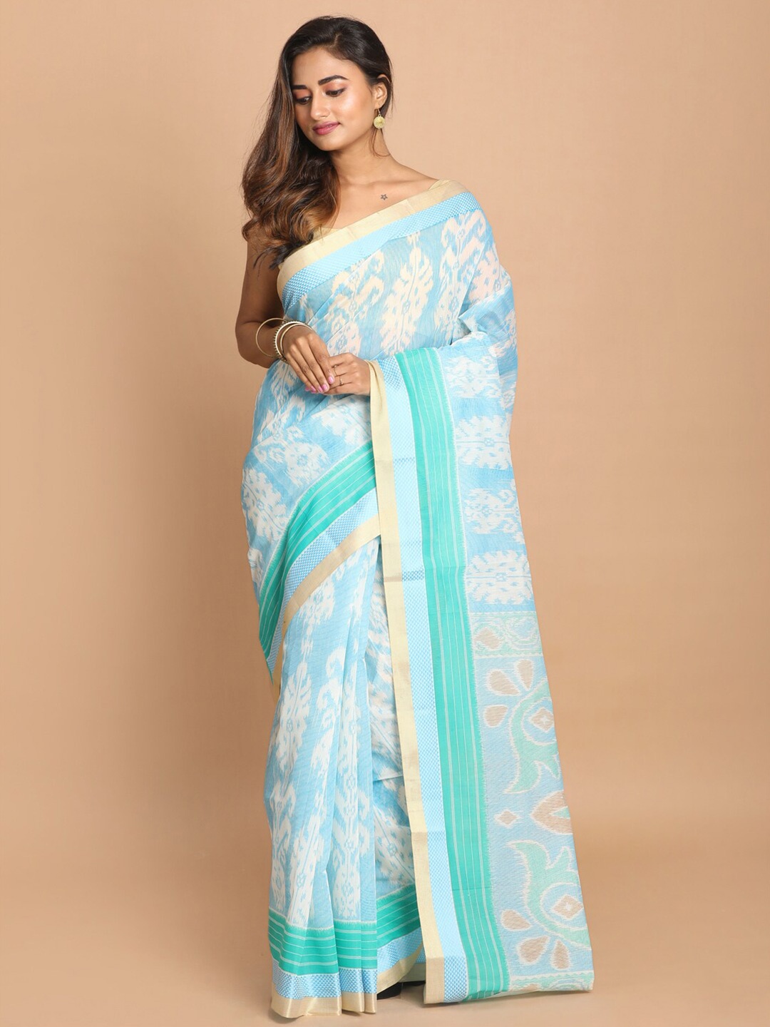 

Saranee Blue & Gold-Toned Ethnic Motifs Printed Zari Border Saree