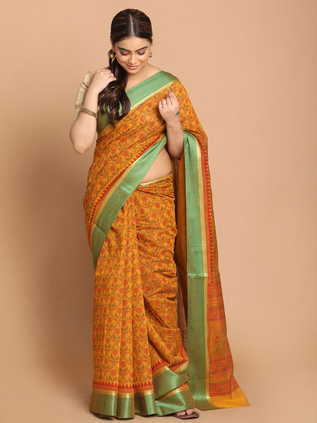 

Saranee Yellow & Red Floral Zari Saree