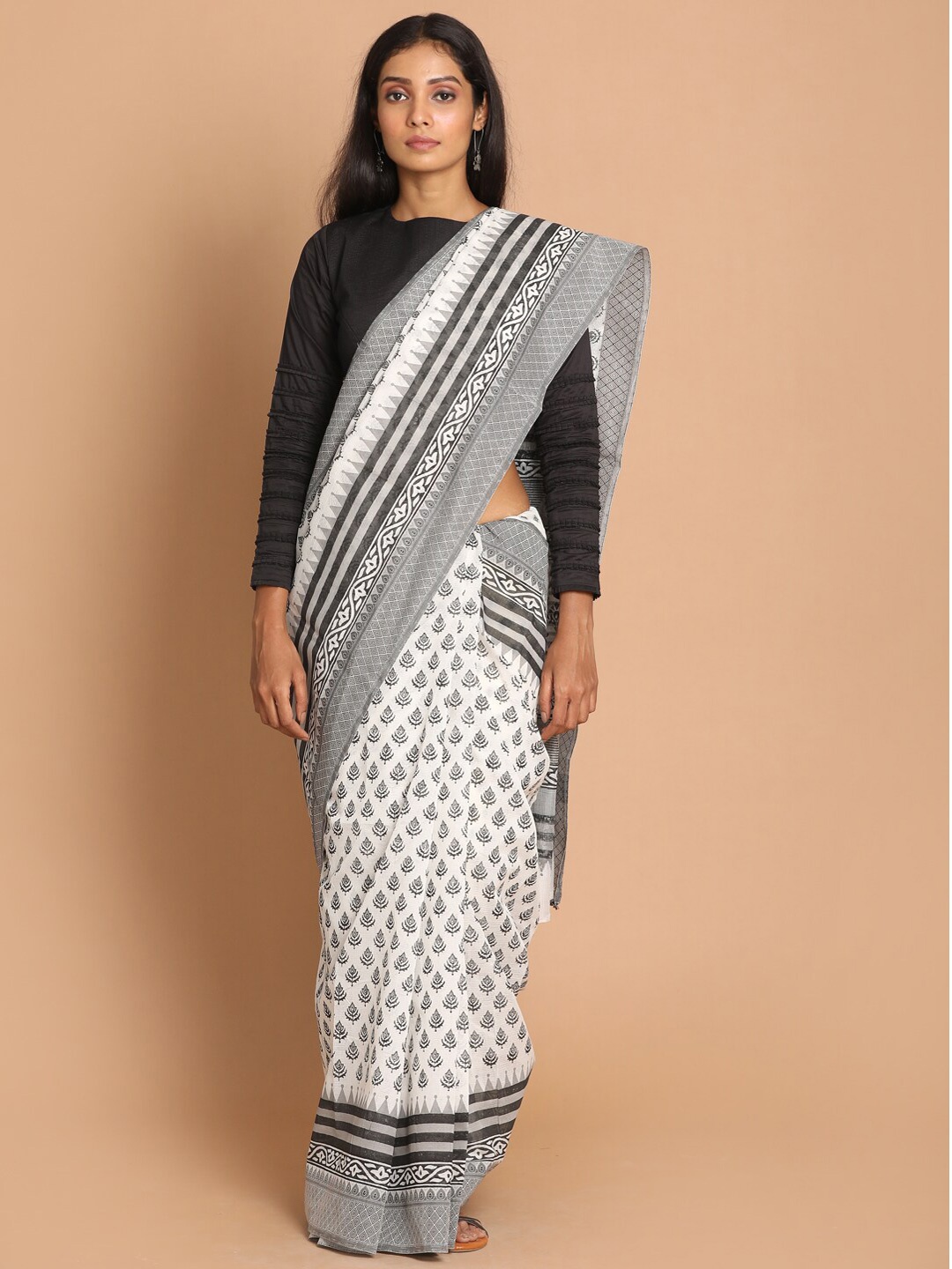 

Indethnic White & Grey Ethnic Motifs Net Saree