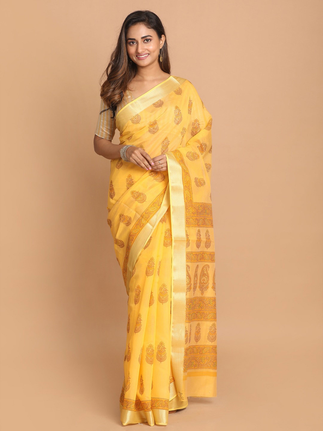 

Saranee Yellow & Gold-Toned Floral Zari Saree